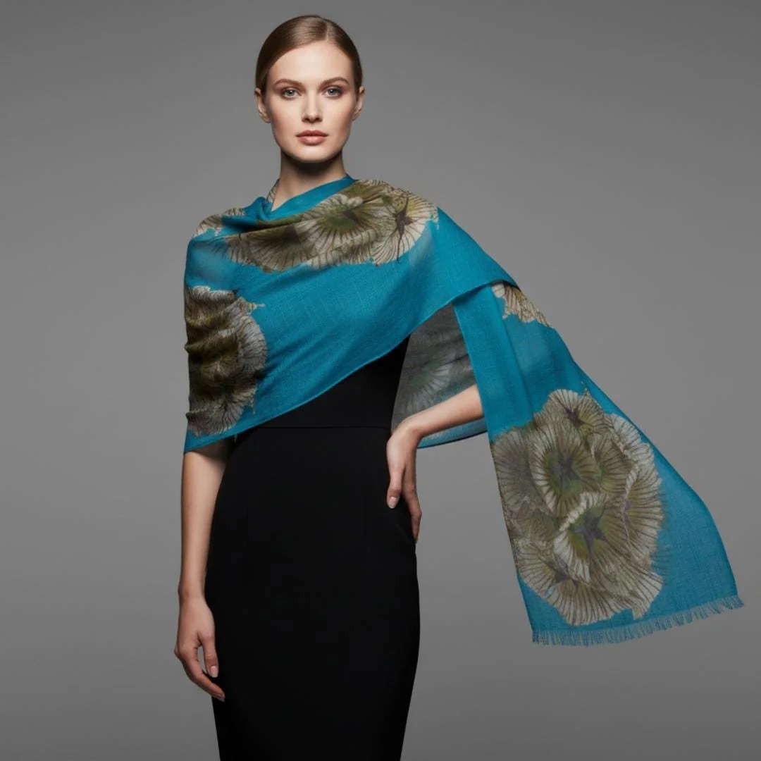 Teal Botanical Print Scarf, Modern Floral Art Wrap, Lightweight Coastal Shawl