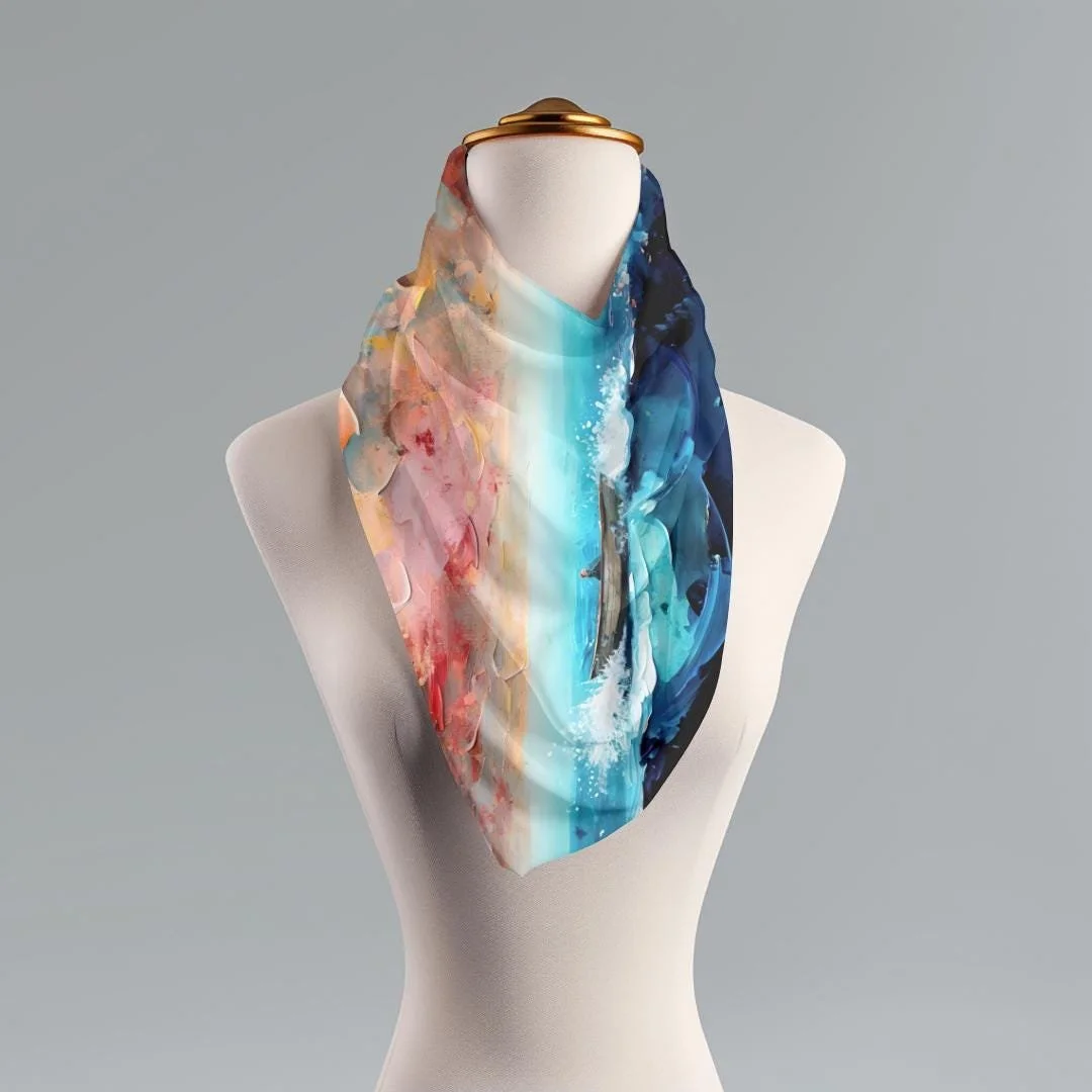 Impressionistic Ocean Scarf: Lightweight Polyester Nautical Shawl