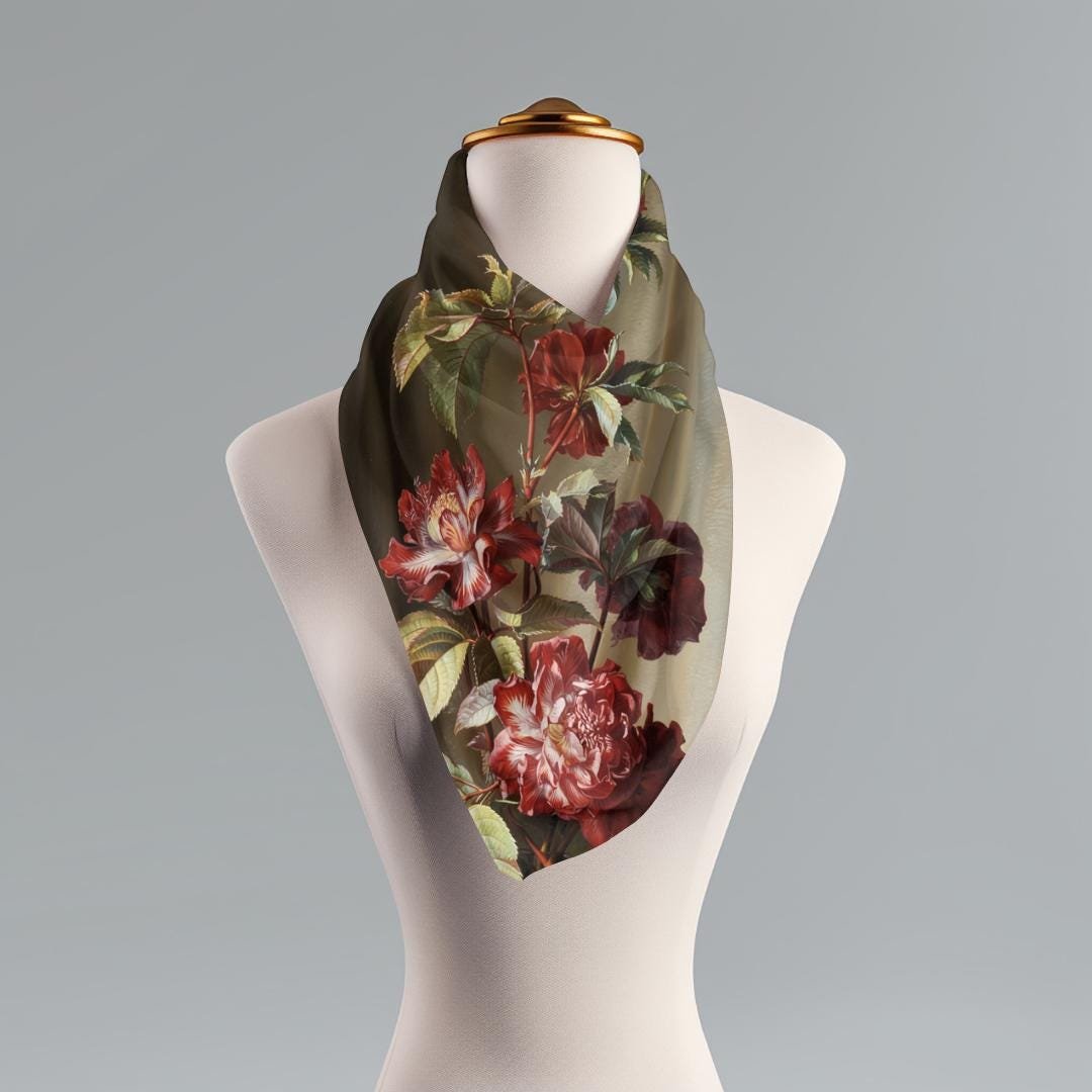 Red Floral Art Painting Scarf: Lightweight Polyester Neck Wrap