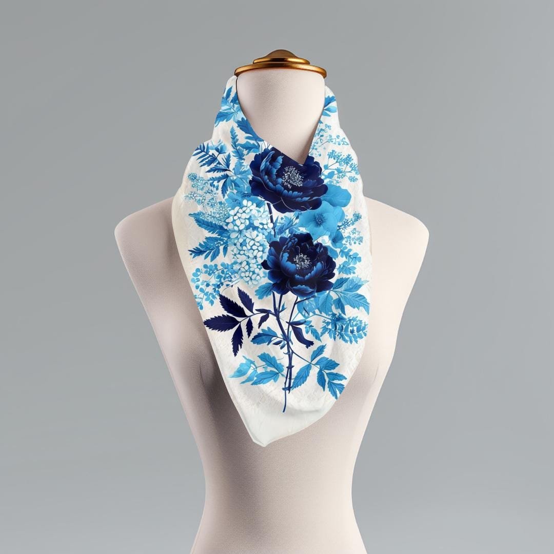Blue Floral Scarf: Botanical Watercolor Print, Lightweight Accessory