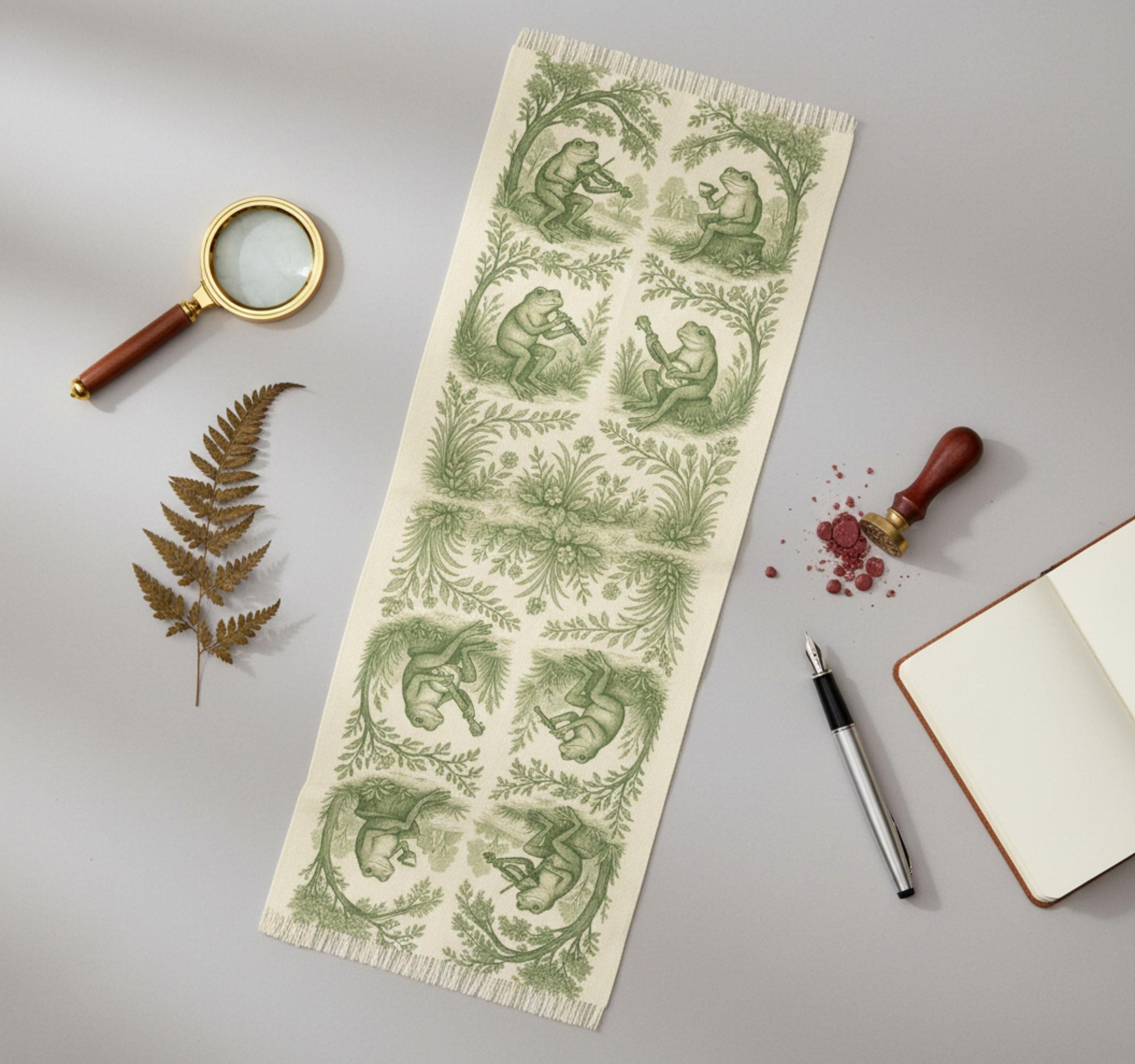Toile Frog Scarf, Chinoiserie-Inspired Woodland Neckwrap, Order by Dec 9th to rec by Christmas