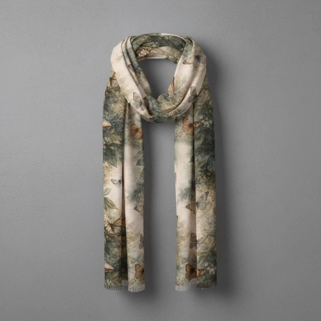 Butterfly Botanical Scarf, Vintage Cottagecore Floral Wrap