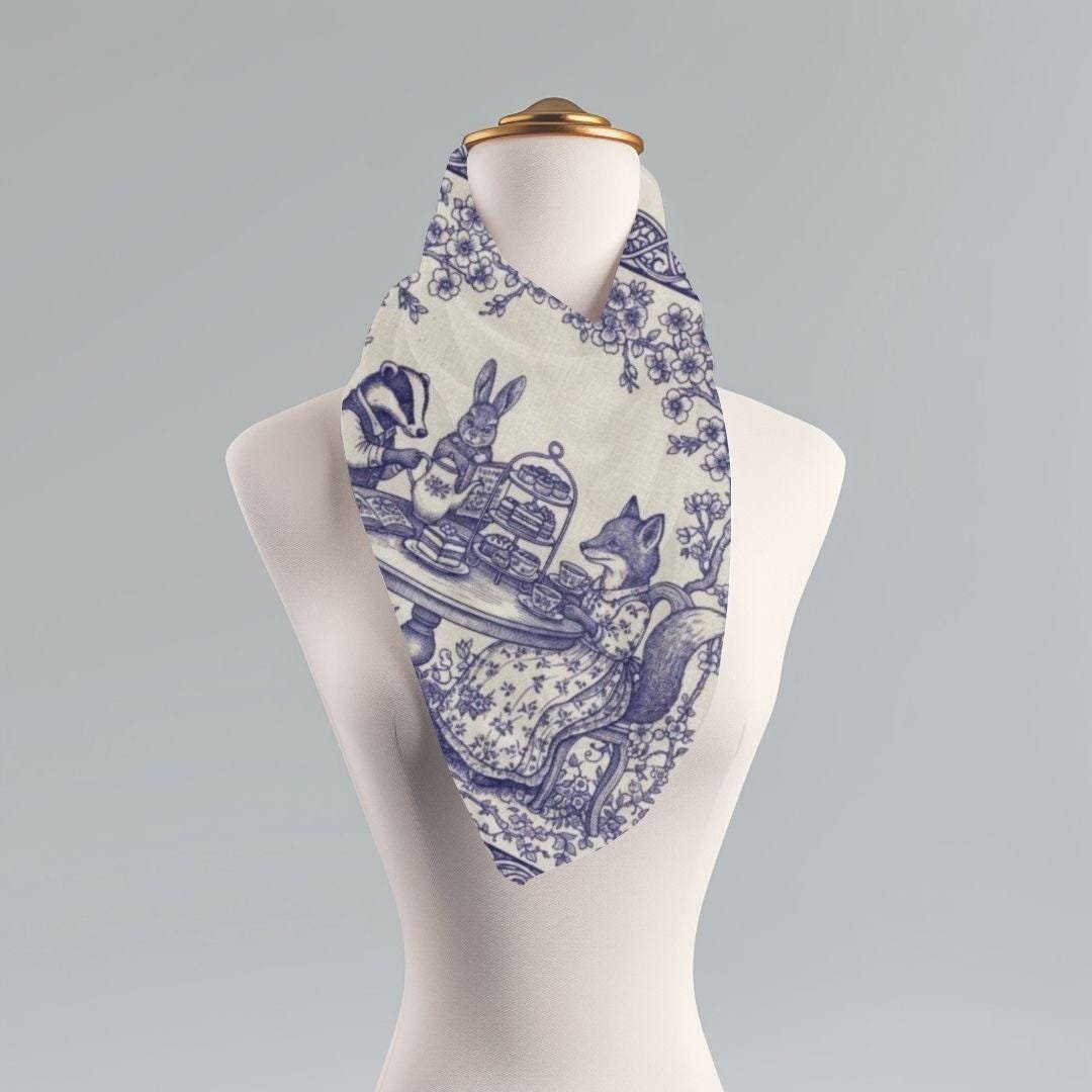 Woodland Tea Party Scarf: Floral Animal Toile Design
