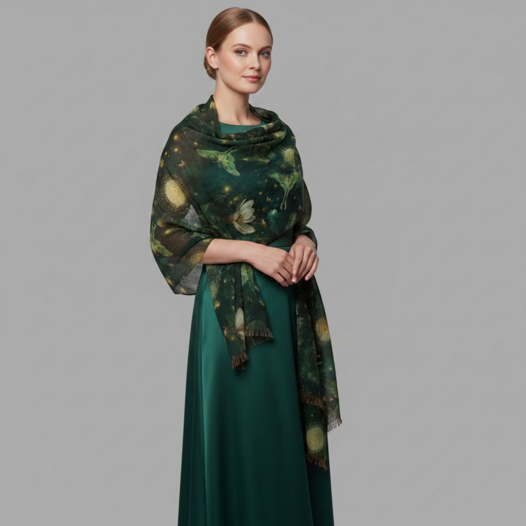 Southern Moon Garden Scarf, Buttonbush & Magnolia Botanical Wrap, Luna Moth Emerald Green Shawl, Cottagecore Nature Scarf, Wearable Art Gift