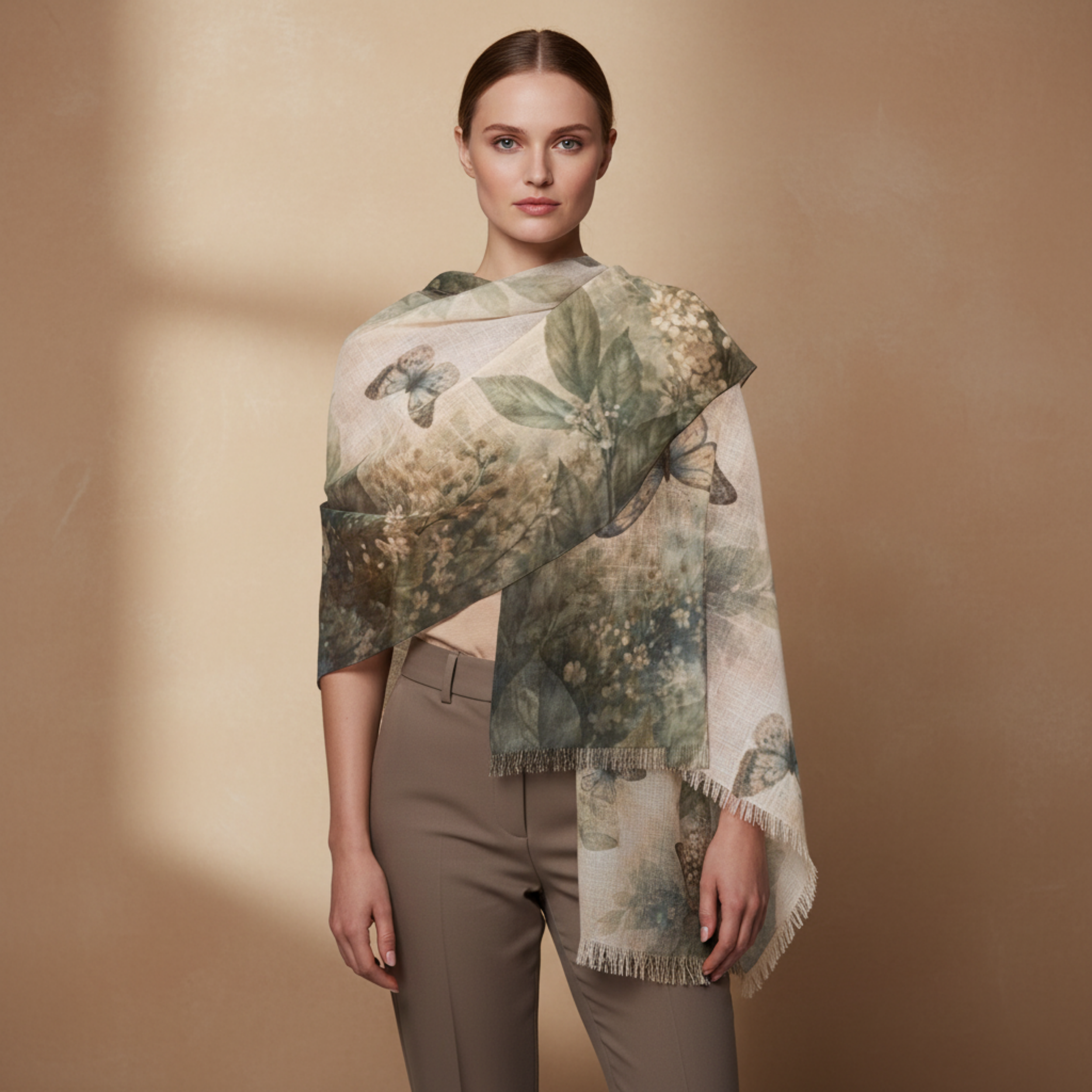 Model wearing a butterfly and botanical floral scarf in soft sage green and ivory tones, styled as an elegant lightweight wrap.