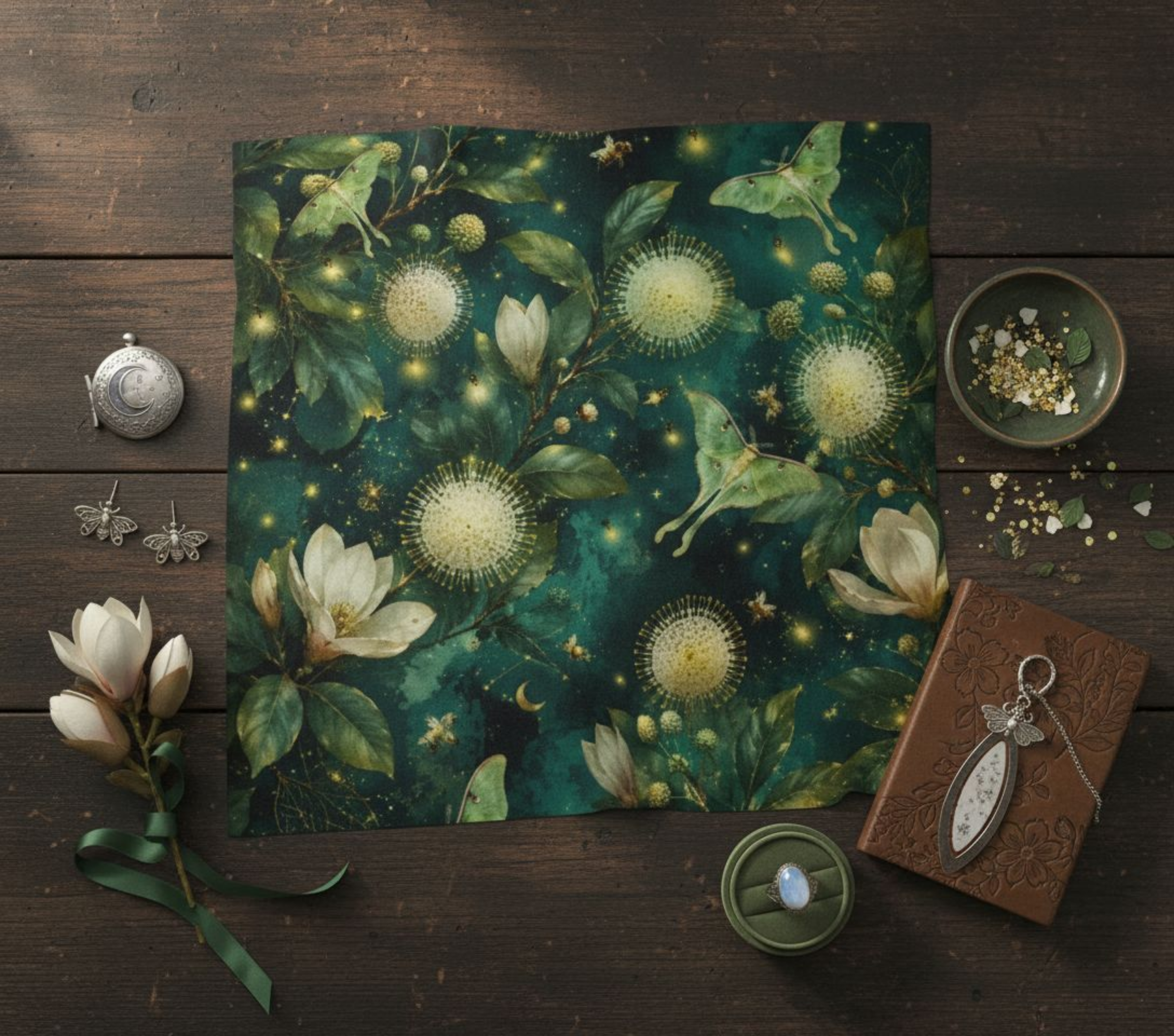 Emerald Green Botanical Scarf, Luna Moth Magnolia Wrap