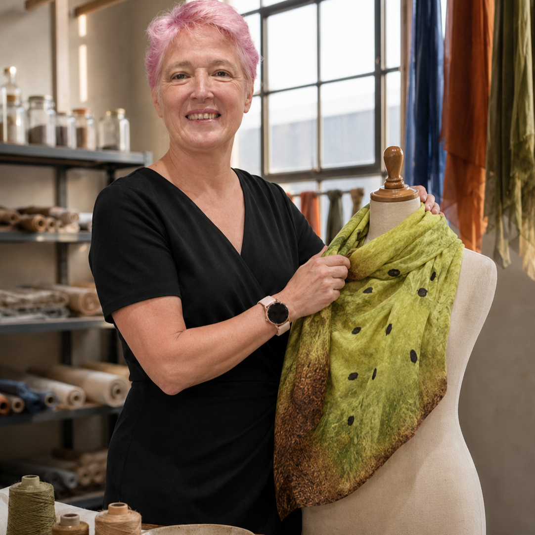 Woman with pink hair showcasing a green and brown patterned scarf on a dress form in a textile studio.