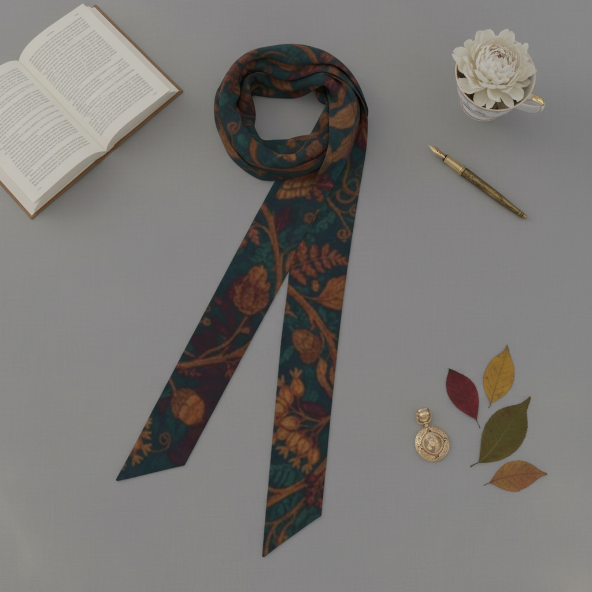 Teal Fall Follage Thin Ribbon Scarf