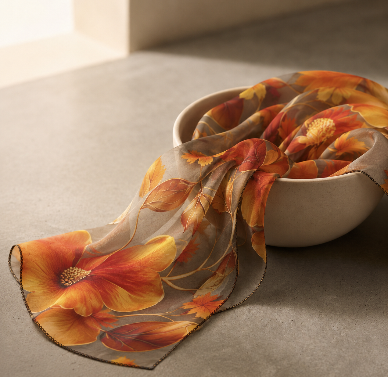 Golden Marigold Chiffon Scarf with autumn floral and leaf pattern draped from a ceramic bowl. Lightweight sheer scarf in warm orange, amber, gold, and rust tones, styled as elegant wearable art for fall fashion and gifting.