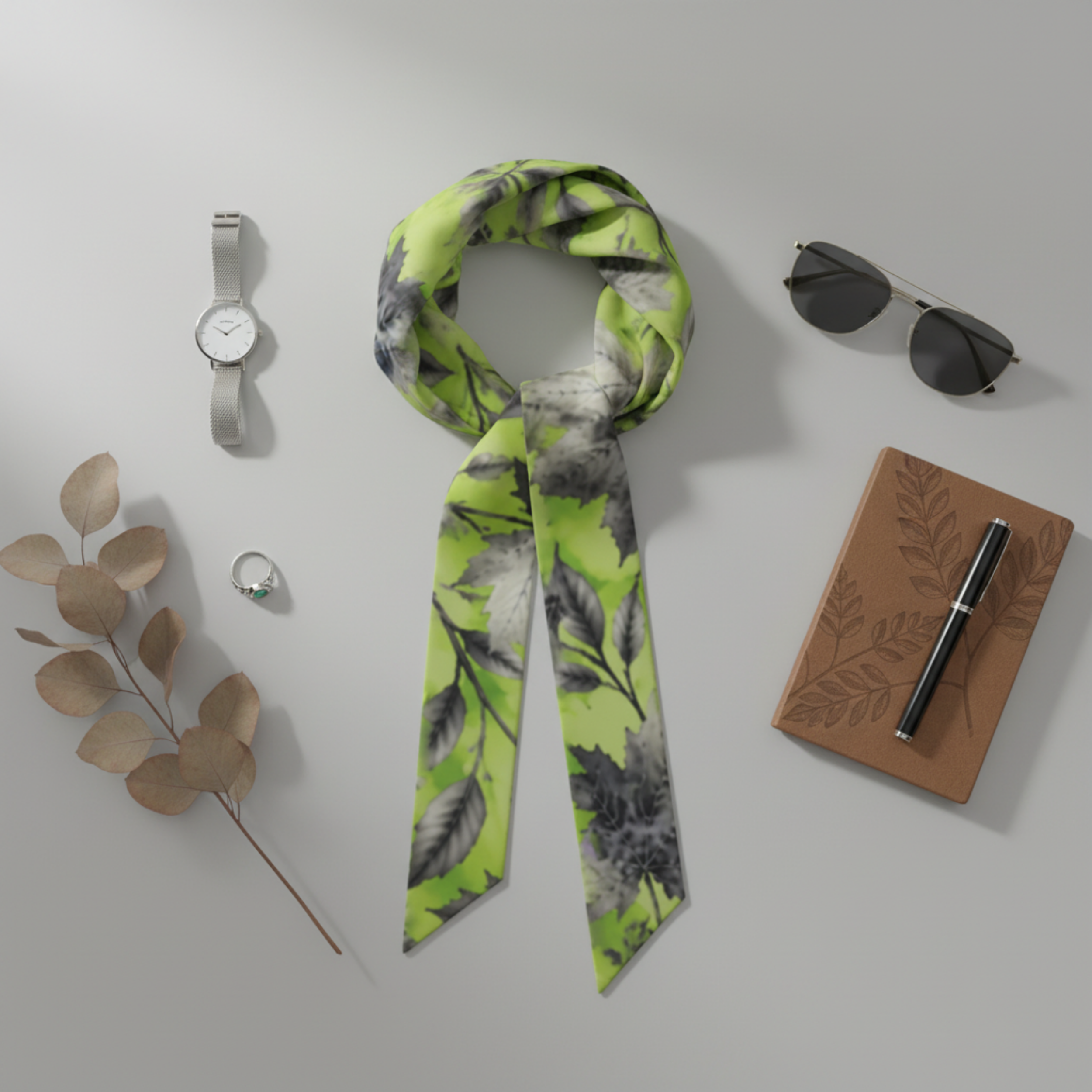 Lime & Silver Autumn Leaves | Mulberry Silk Skinny Scarf