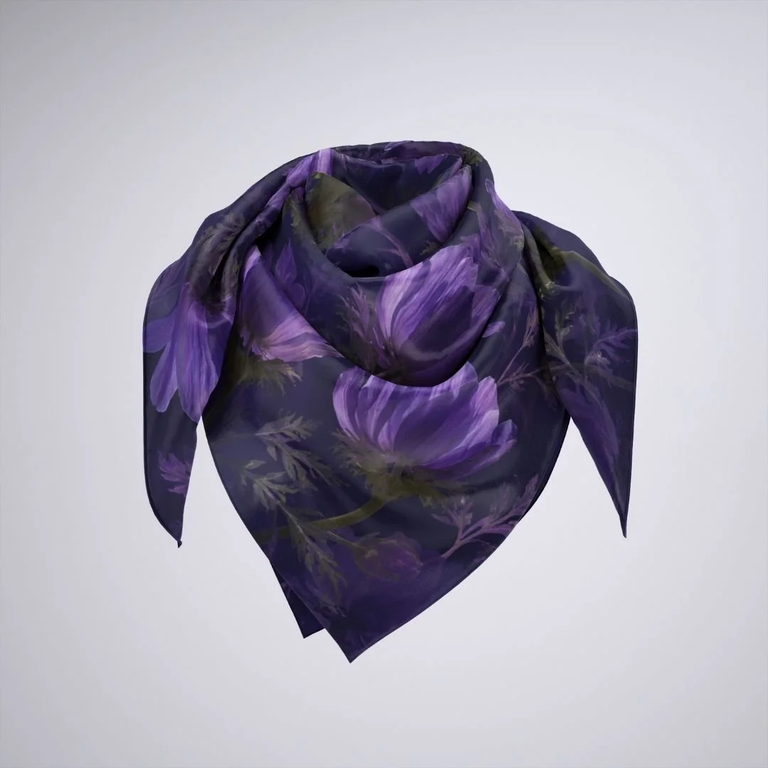 Purple Anemone Scarf, Moody Floral Wrap Silk