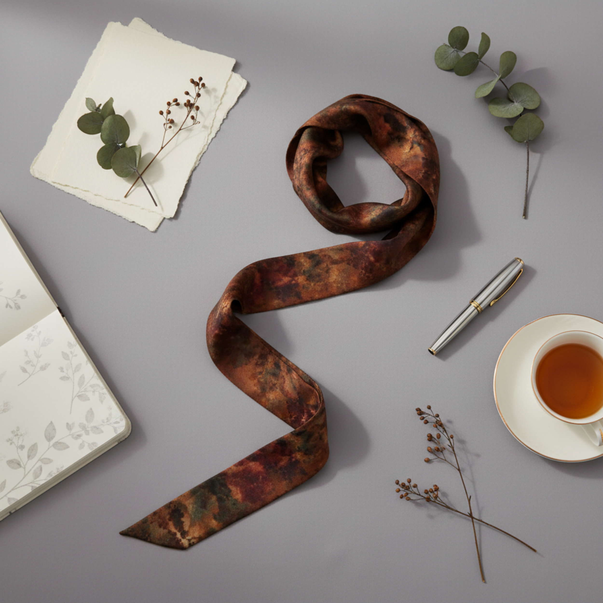 Autumn Copper Patina Silk Ribbon Scarf, Fall Botanical Skinny Scarf, Copper and Verdigris Hair Accessory