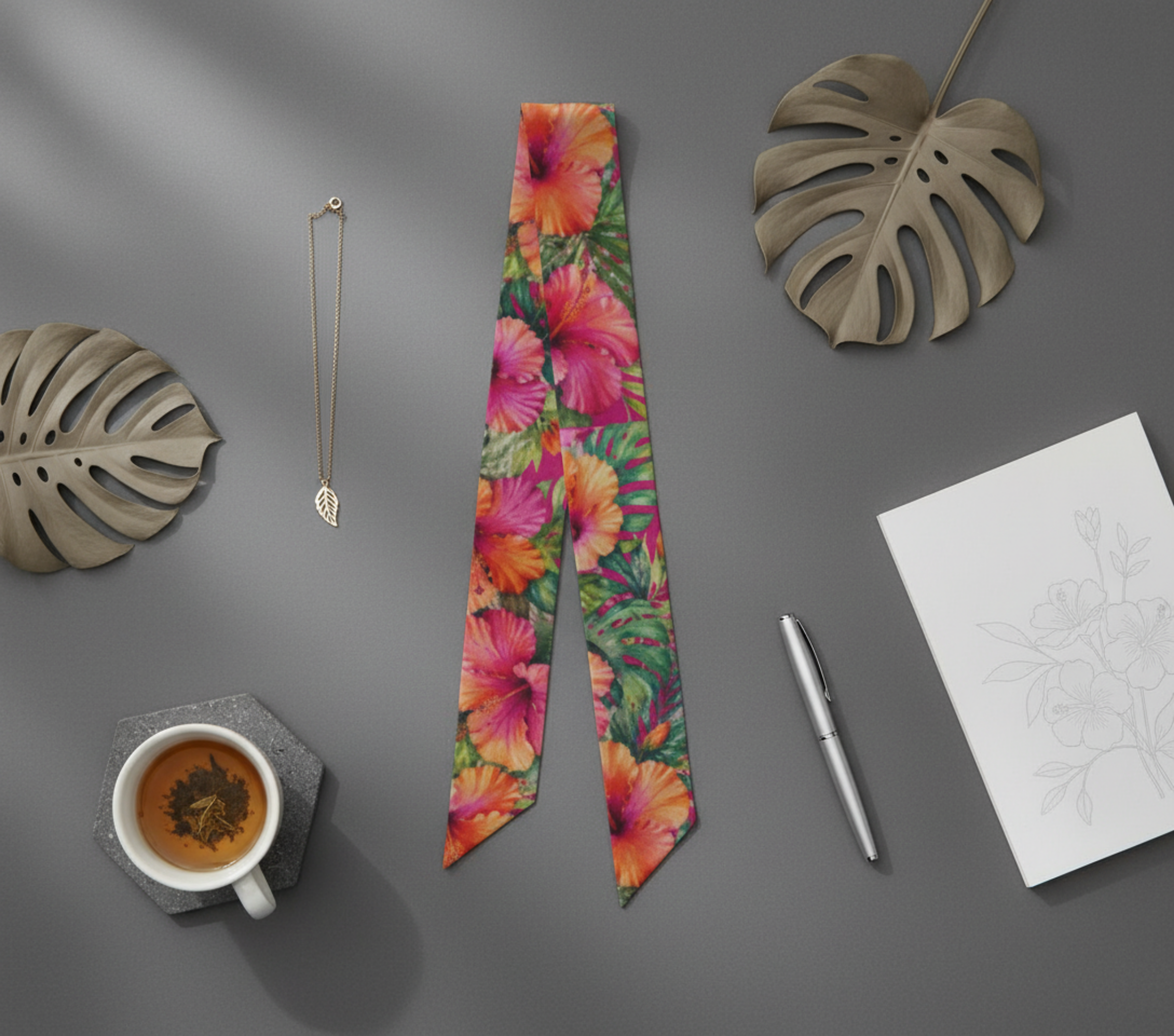 Tropical Hibiscus Silk Skinny Scarf, Pink Orange Floral Twilly, Double Sided Mulberry Silk Ribbon Scarf