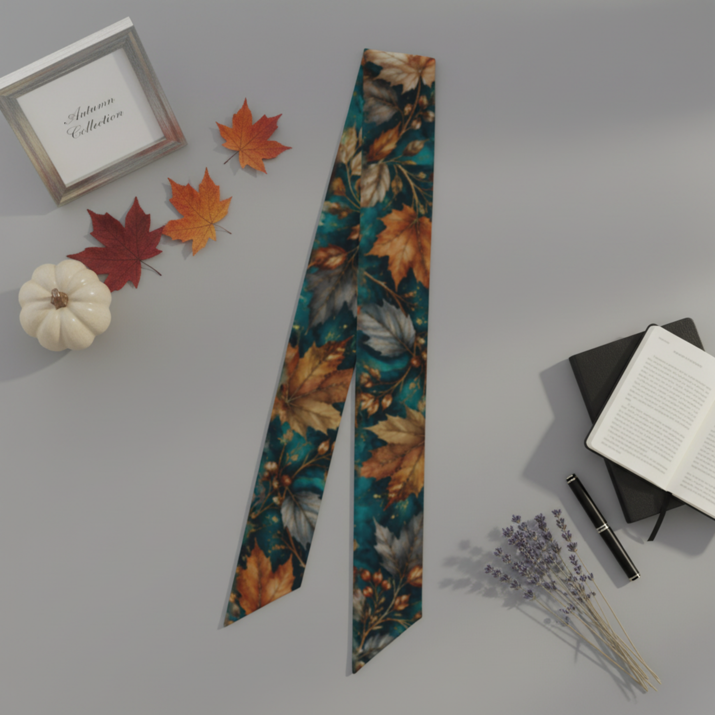 Teal & Copper Autumn Leaves — Silk Ribbon Scarf