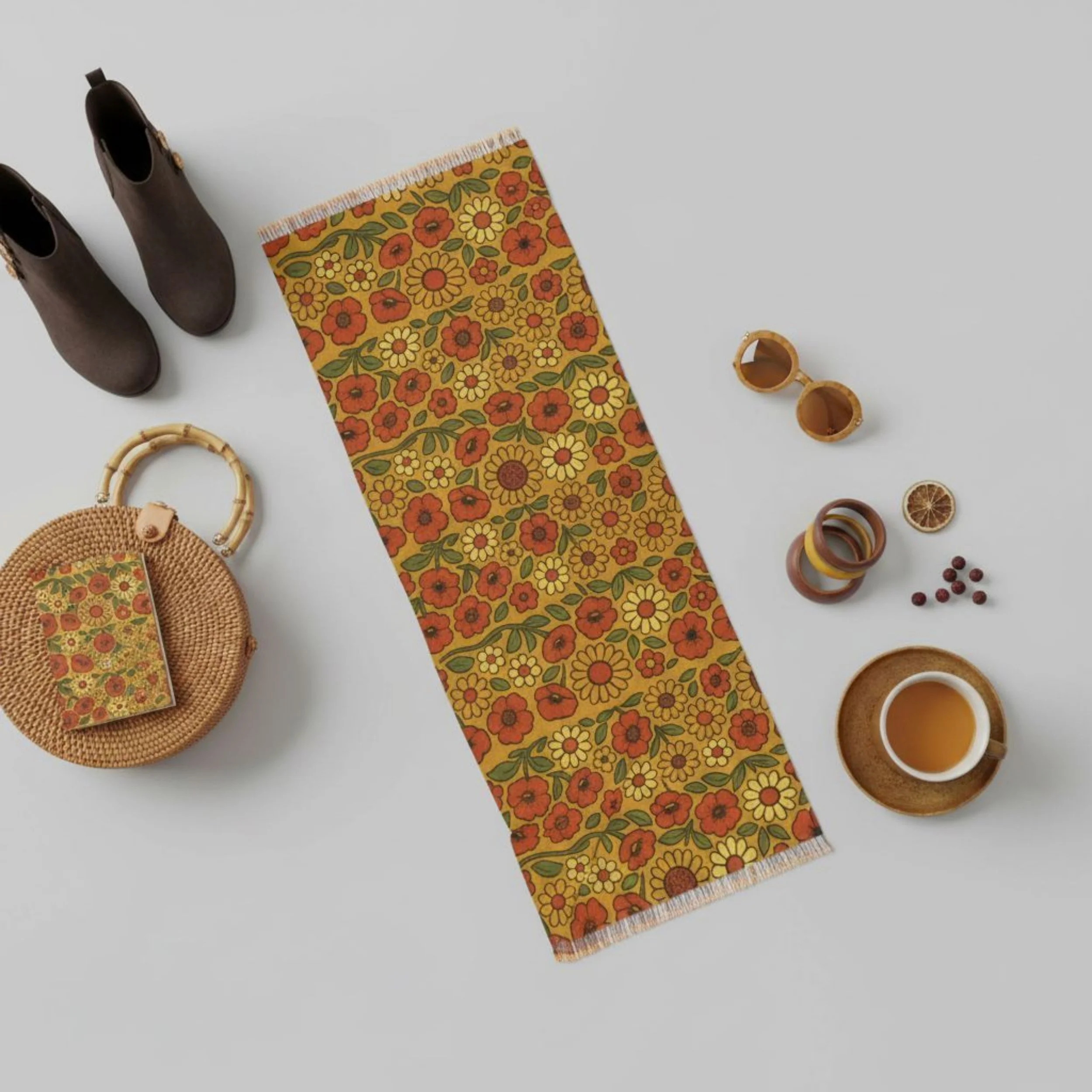 Boho Floral Scarf: Mustard Yellow Retro Flower Shawl