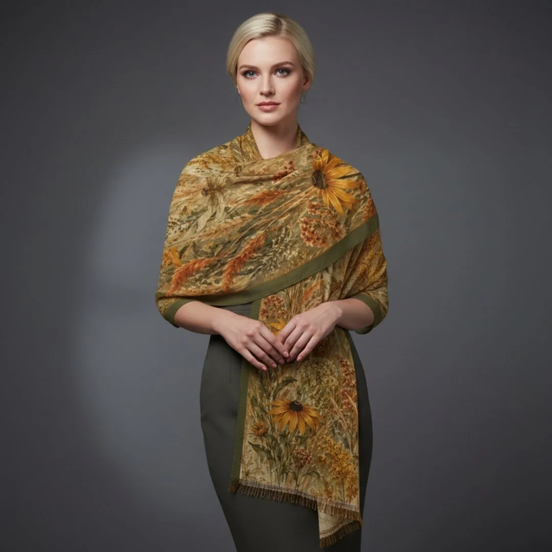Golden Hour Prairie Wildflower Scarf, Botanical Dragonfly Wrap, Cottagecore Floral Shawl, Nature-Inspired Boho Scarf, Black-Eyed Susan Gift