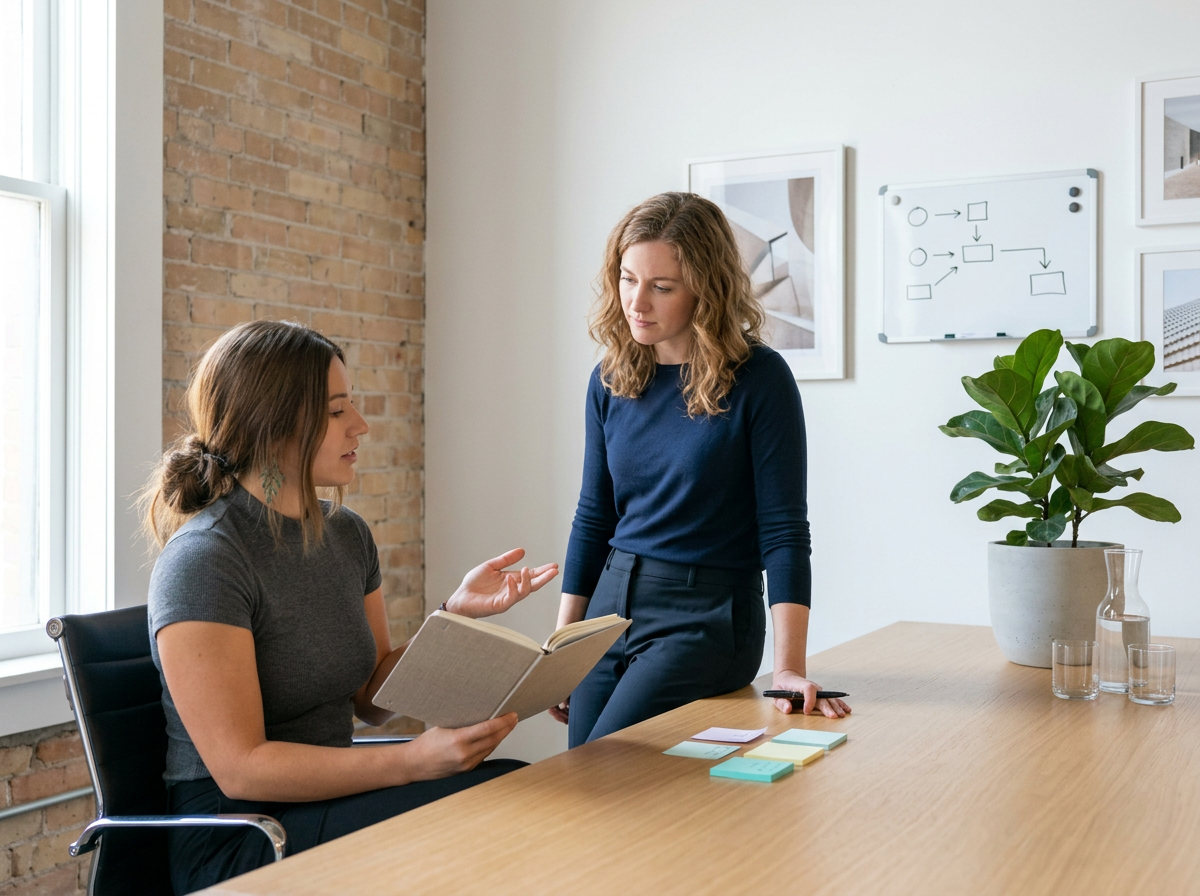 Deux femmes discutent dans un bureau moderne, avec un mur en briques et des tableaux abstraits en arrière-plan, une d'elles est assise avec un livre et l'autre est debout à côté d'une table en bois avec des notes autocollantes.