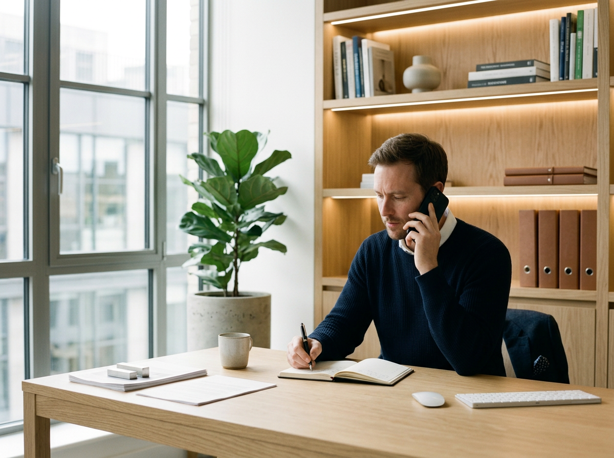 Un homme d'affaires travaille à son bureau, parle au téléphone, écrit dans un carnet, avec une grande fenêtre et une étagère en bois derrière.