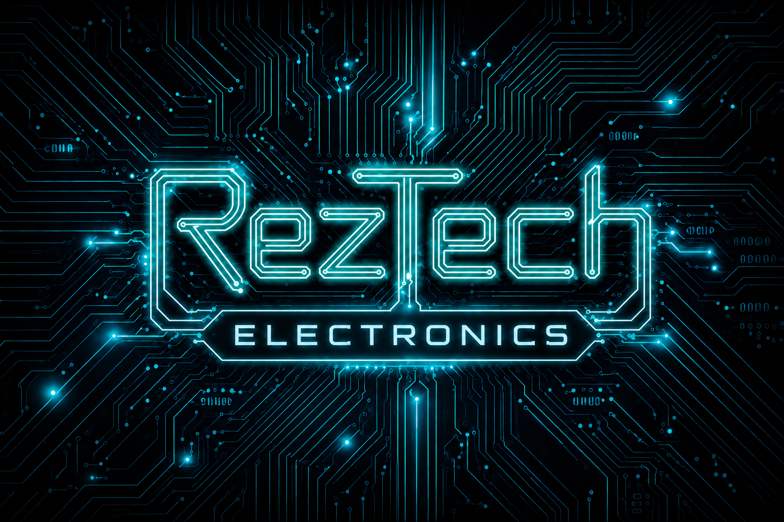 Futuristic digital graphic with the words 'Reztech Electronics' in glowing blue text surrounded by circuit board patterns and binary code elements.