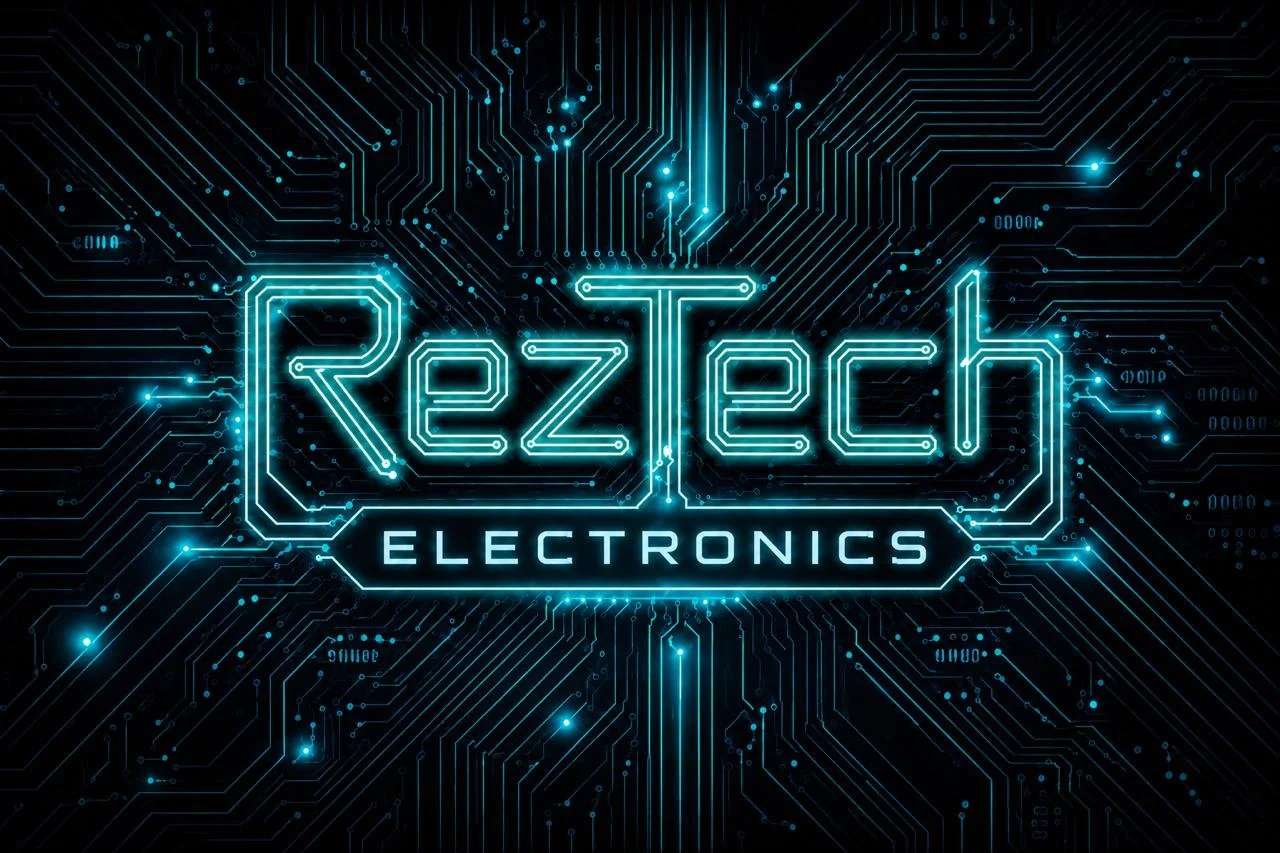 A digital graphic of the text 'RezTech ELECTRONICS' in glowing blue neon style, with a background of interconnected circuit lines and electronic components.