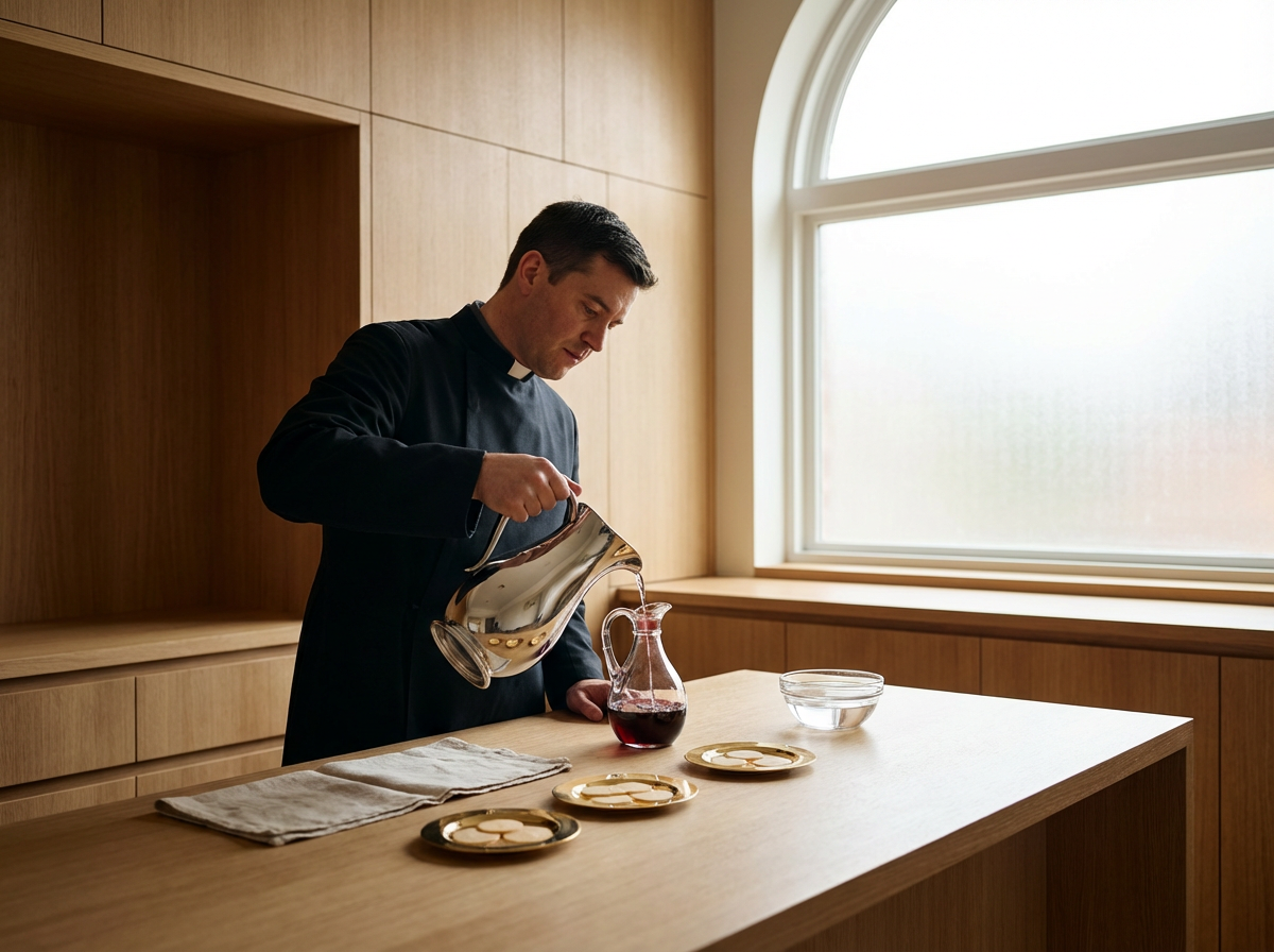 A priest pouring red wine from a pitcher into a glass carafe on a wooden table in a room with wooden walls and a large arched window.