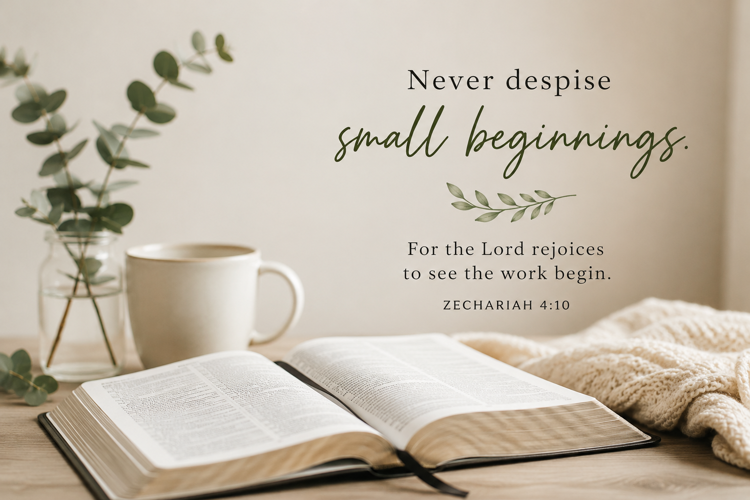       
  
     "Do not despise these small beginnings, for the Lord rejoices to see the work begin."   — Zechariah 4:10 (NLT)     Every great journey begins with a single step.  Every tree begins as a seed.  Every friendship begins with a conversatio