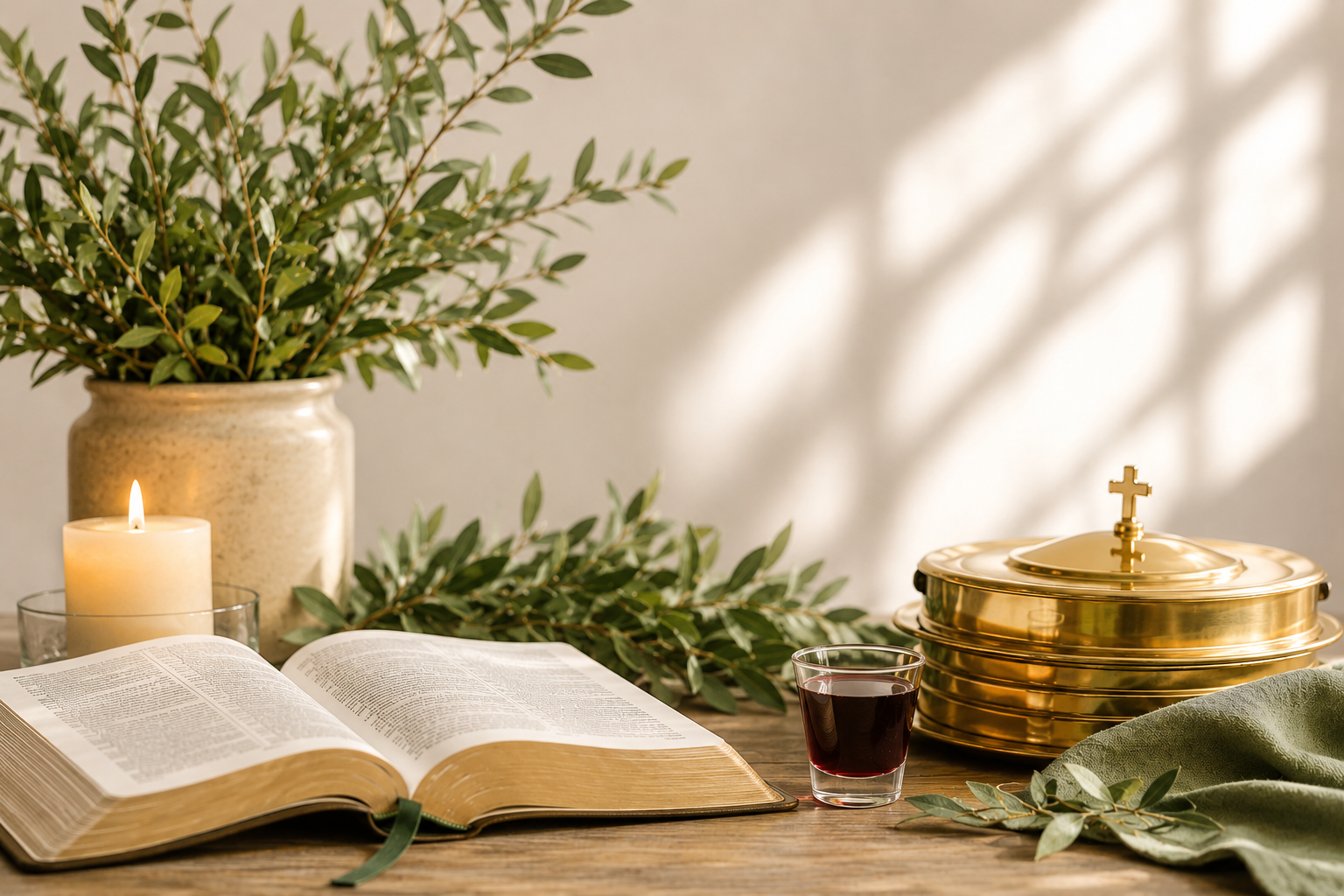 Open Bible, lit candle, glass of red wine, green cloth, green leaves, and gold reliquary on wooden table with shadowed background