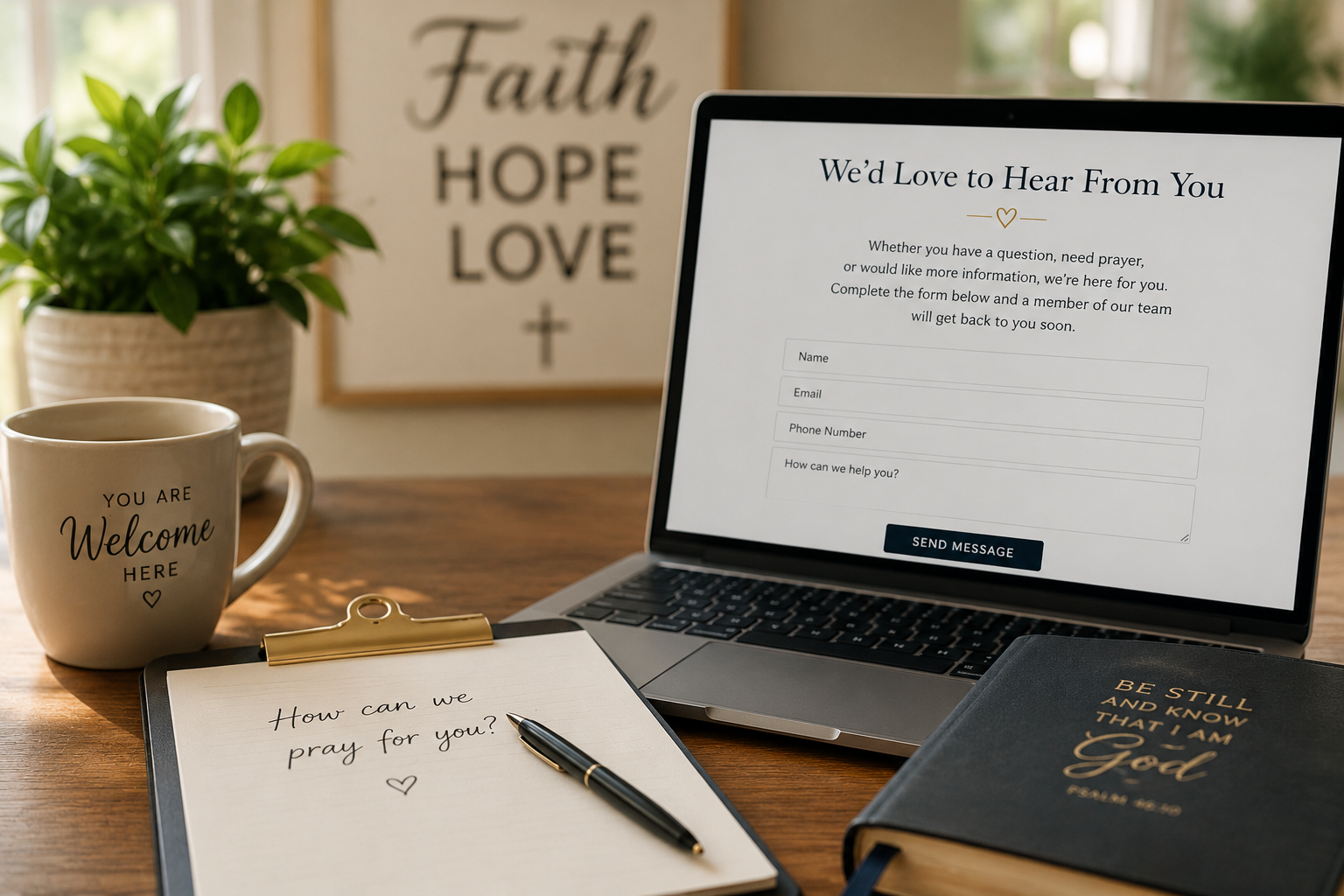 A workspace with an open laptop displaying a contact form titled "We'd Love to Hear From You," a notebook with the handwritten question "How can we pray for you?" and a pen on it, a mug reading "You are Welcome Here," a potted plant, and a framed wall art with the words "Faith, Hope, Love" and a cross in the background.