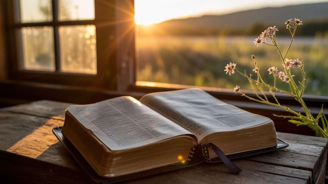 An open Bible on a wooden table beside a bunch of pink and white flowers, with sunlight streaming through a window during sunset.