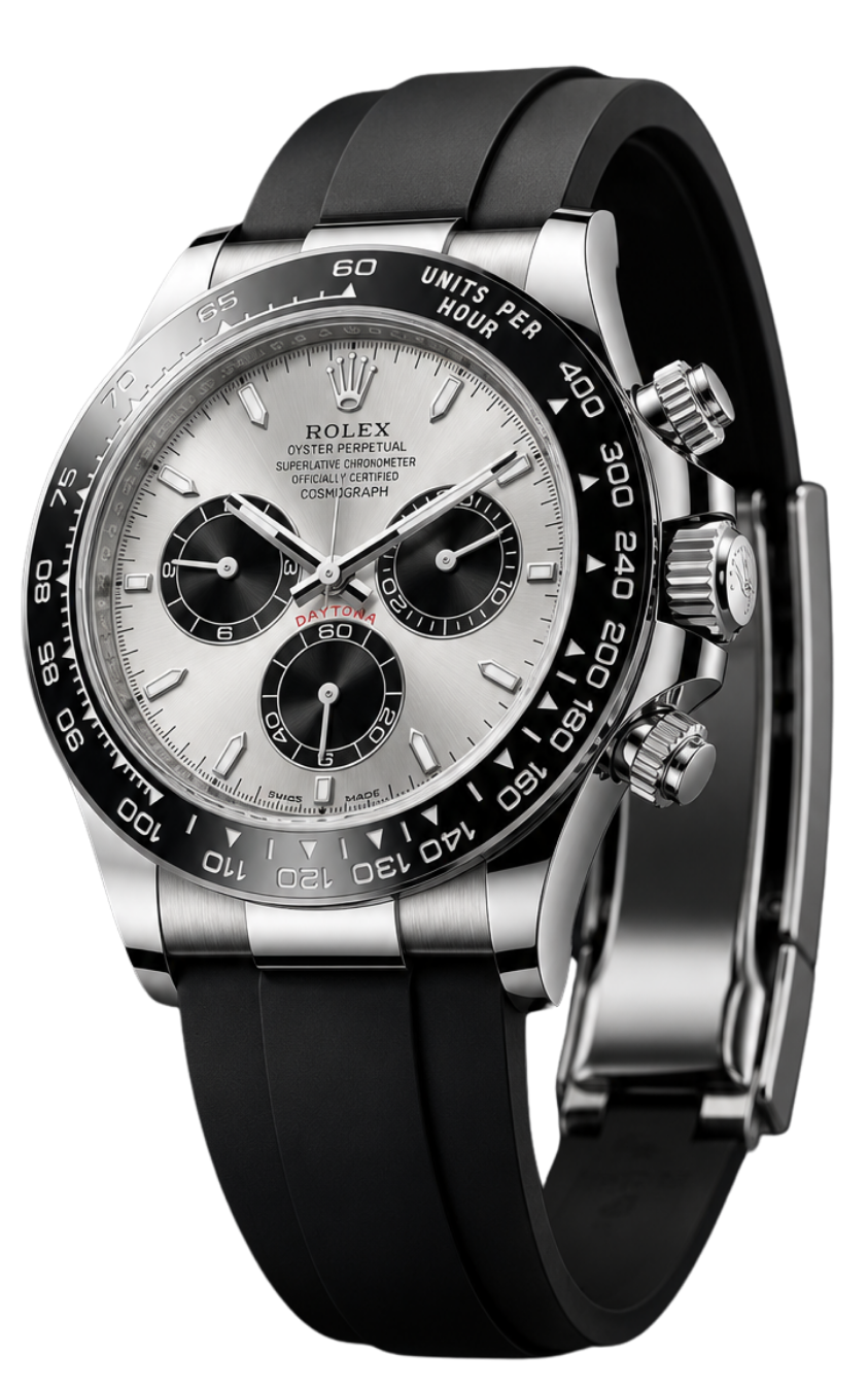 Close-up of a Rolex oyster Perpetual Daytona watch with a silver dial, black ceramic bezel, three black sub-dials, and a black strap.