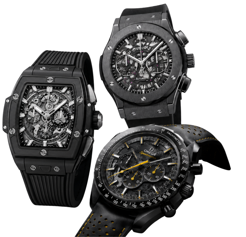 Three luxury watches, two black with skeleton dials and one with a black band and yellow accents.