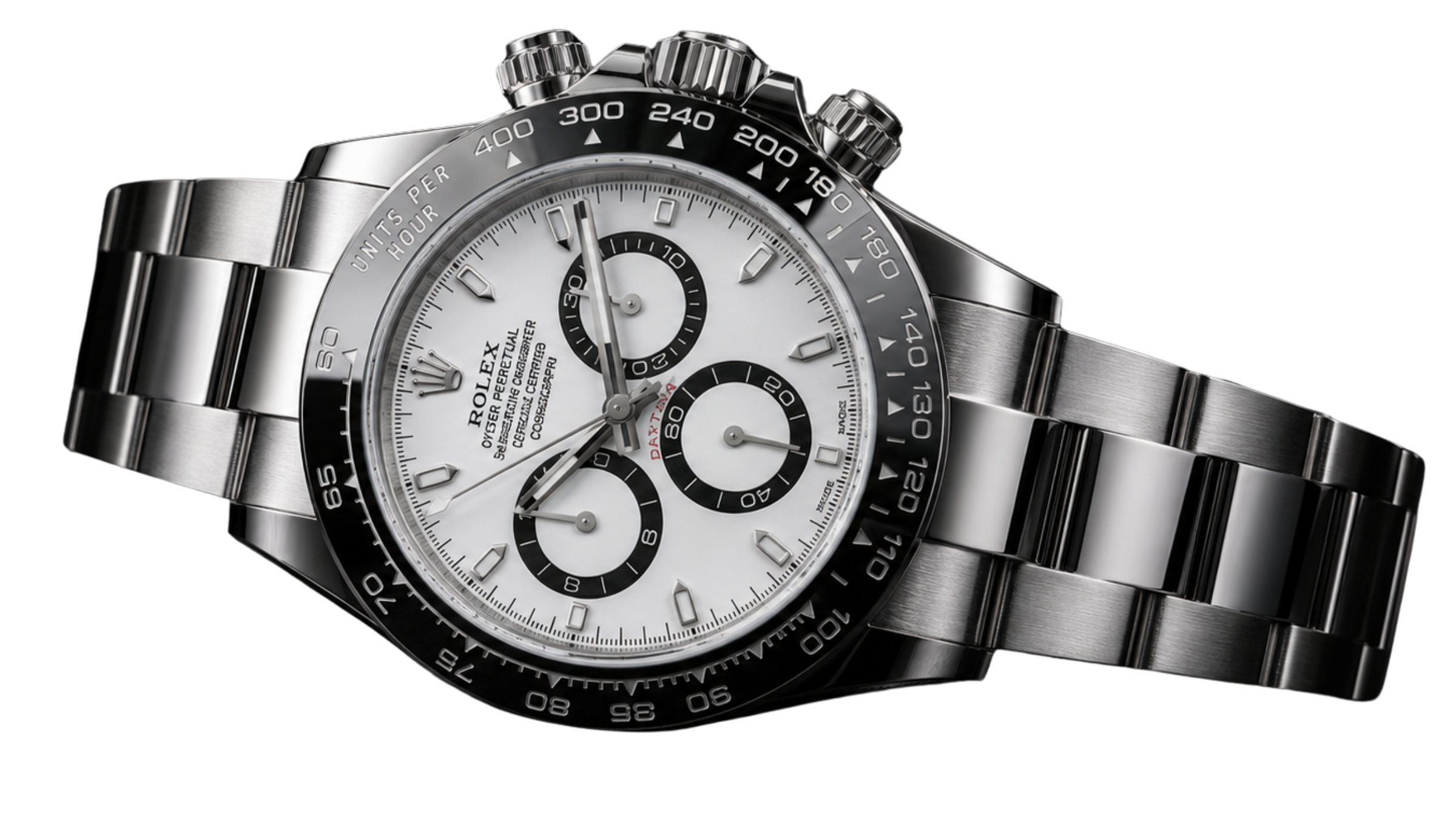 Close-up of a silver Rolex chronograph watch with multiple dials and a black bezel.