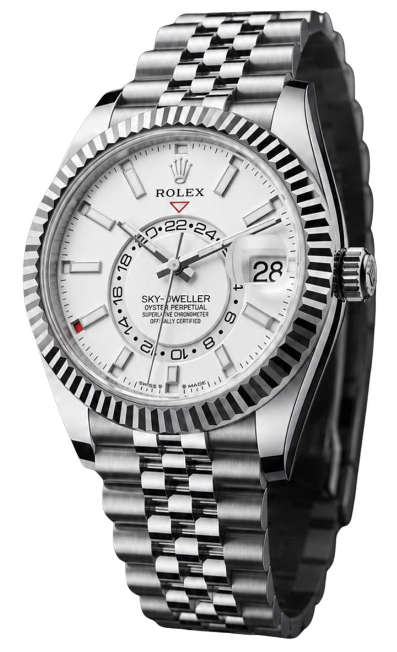 Close-up of a Rolex Sky-Dweller watch with a stainless steel band, white dial, date window, and multiple time indicators.