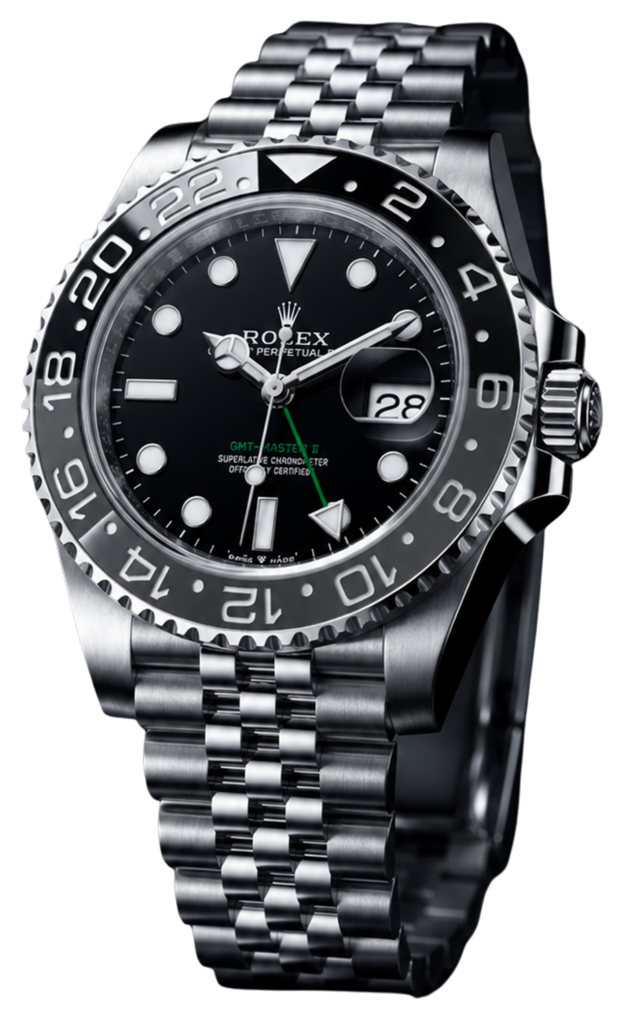 Close-up of a black Rolex GMT-Master II watch with a silver metal band, date display, and black bezel with white markings.