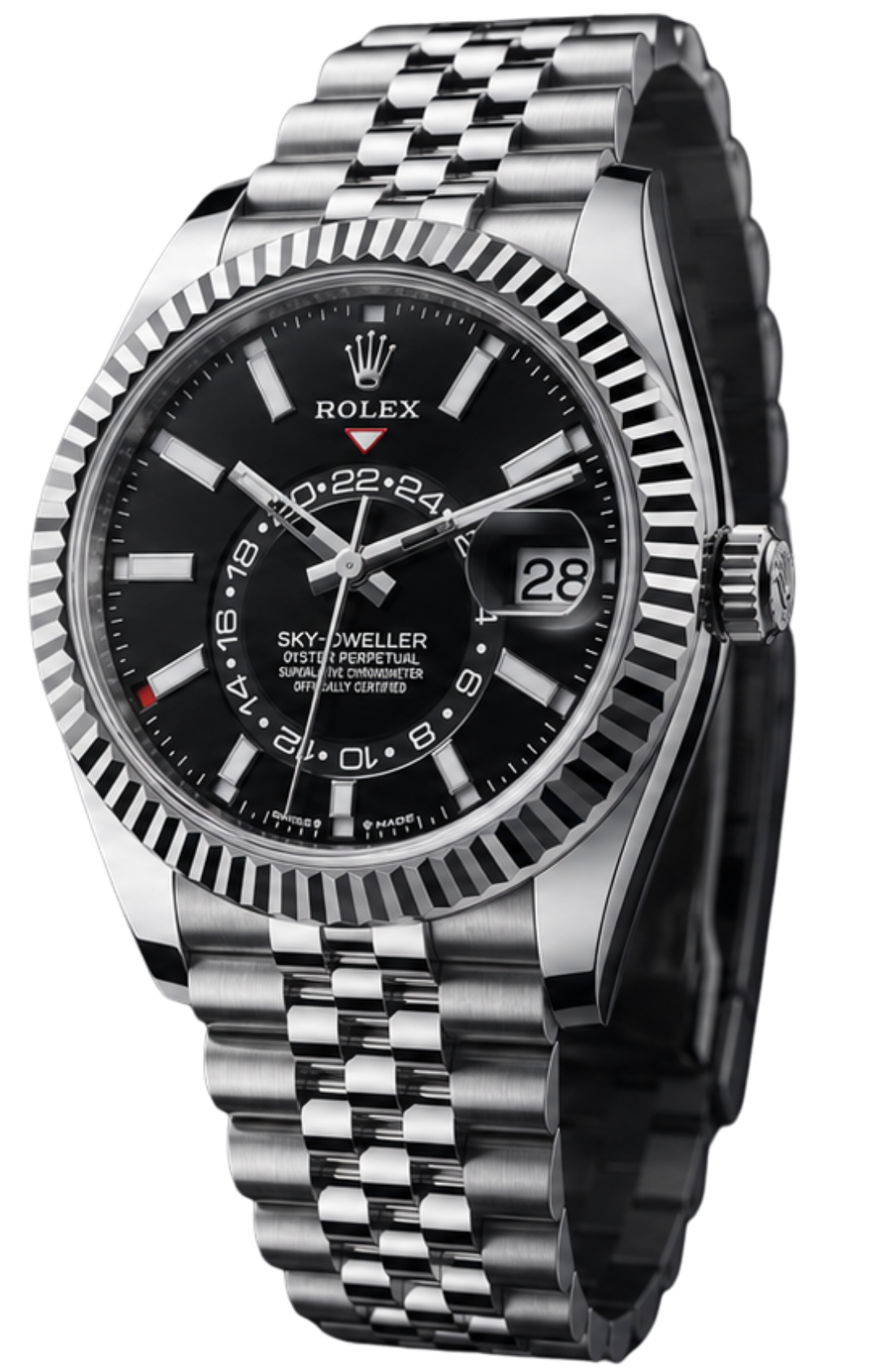 A close-up of a Rolex Sky-Dweller luxury wristwatch with a black dial, date display, and metal bracelet.
