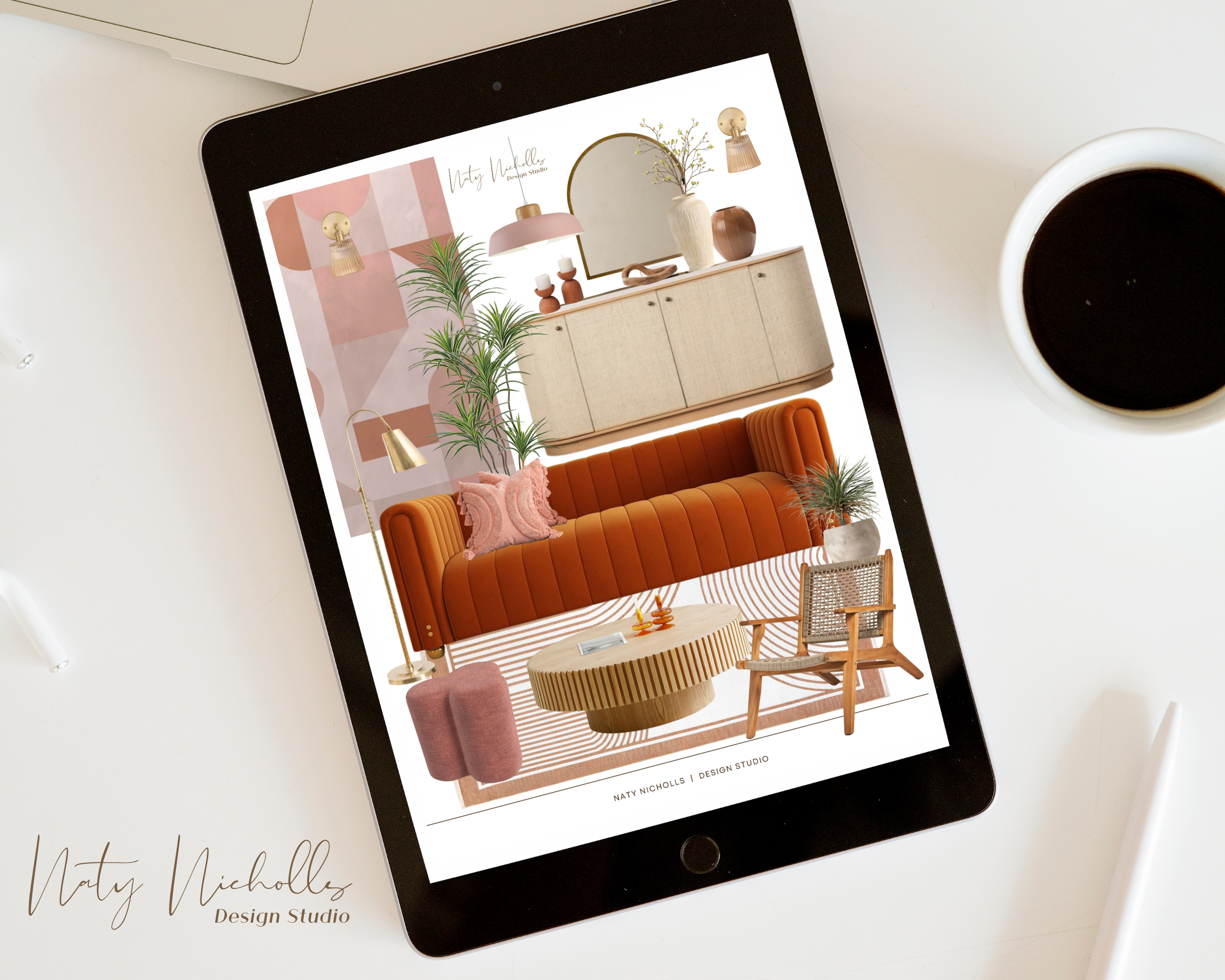 Tablet con mood board de diseño de interiores