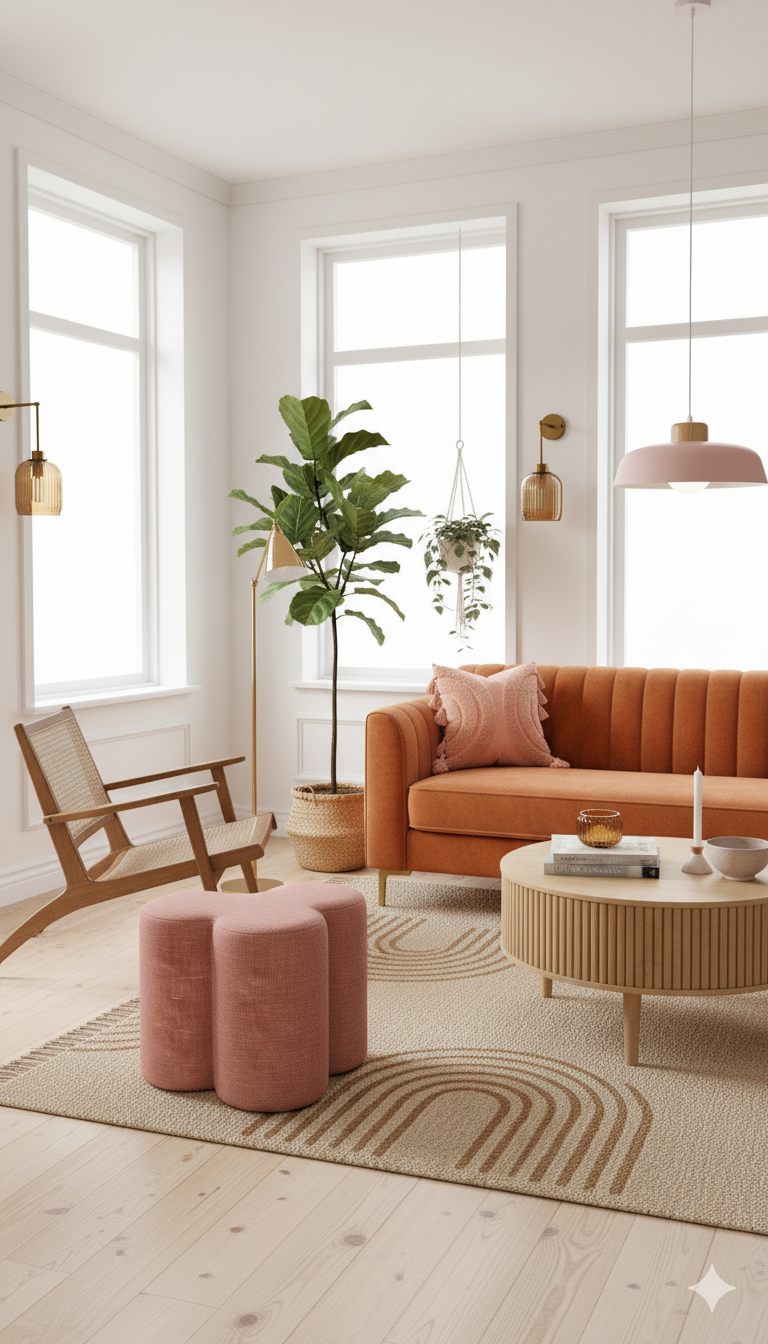 Sala decorada en tonos rosas y naranjas con un estilo boho