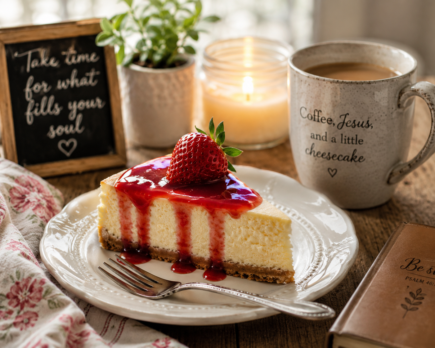 A slice of cheesecake with strawberry topping and a whole strawberry on top on a white plate with a fork next to it, placed on a rustic wooden table with a floral cloth. In the background, there is a lit candle, a mug with the words 'Coffee, Jesus, and a little cheesecake,' a small potted plant, a small blackboard with the words 'Take time for what fills your soul,' and a closed book.