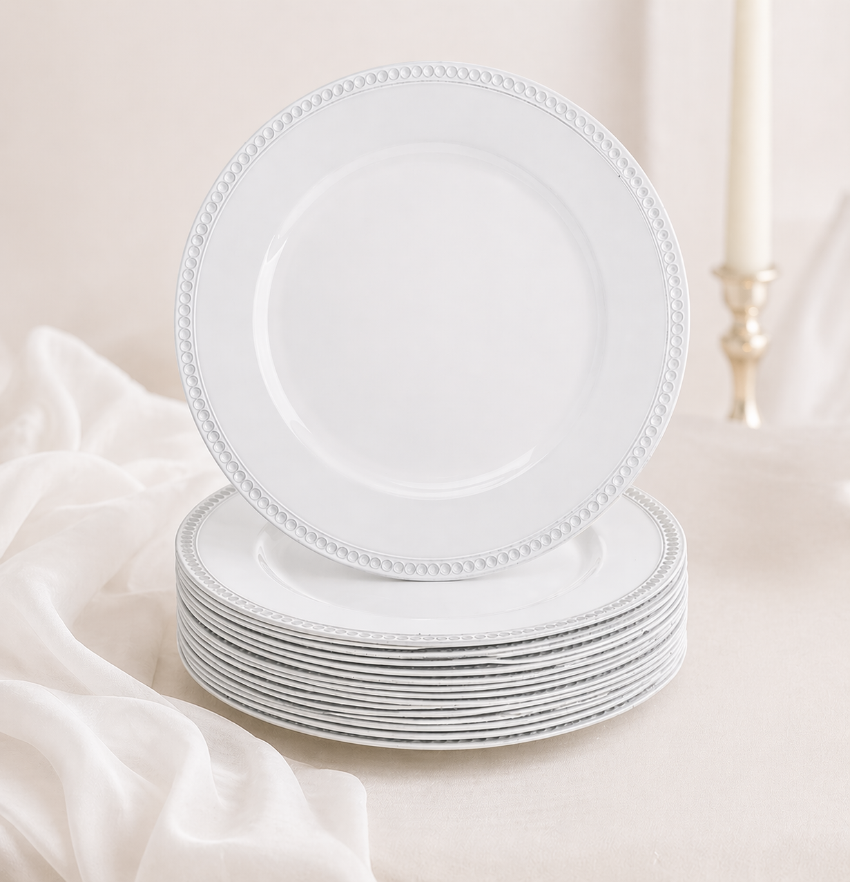 13 Inch White Dinner Chargers with Beaded Rim - $1