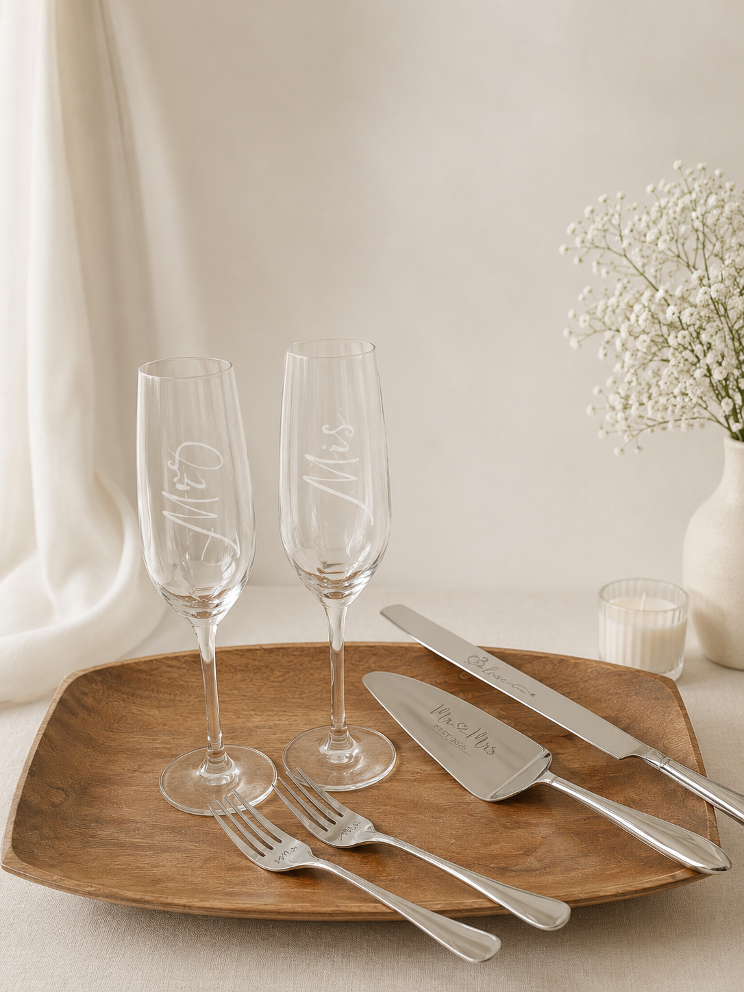 Silver Wedding Cake Knife and Server Set, Mr and Mrs Champagne Flutes & Forks - $10 