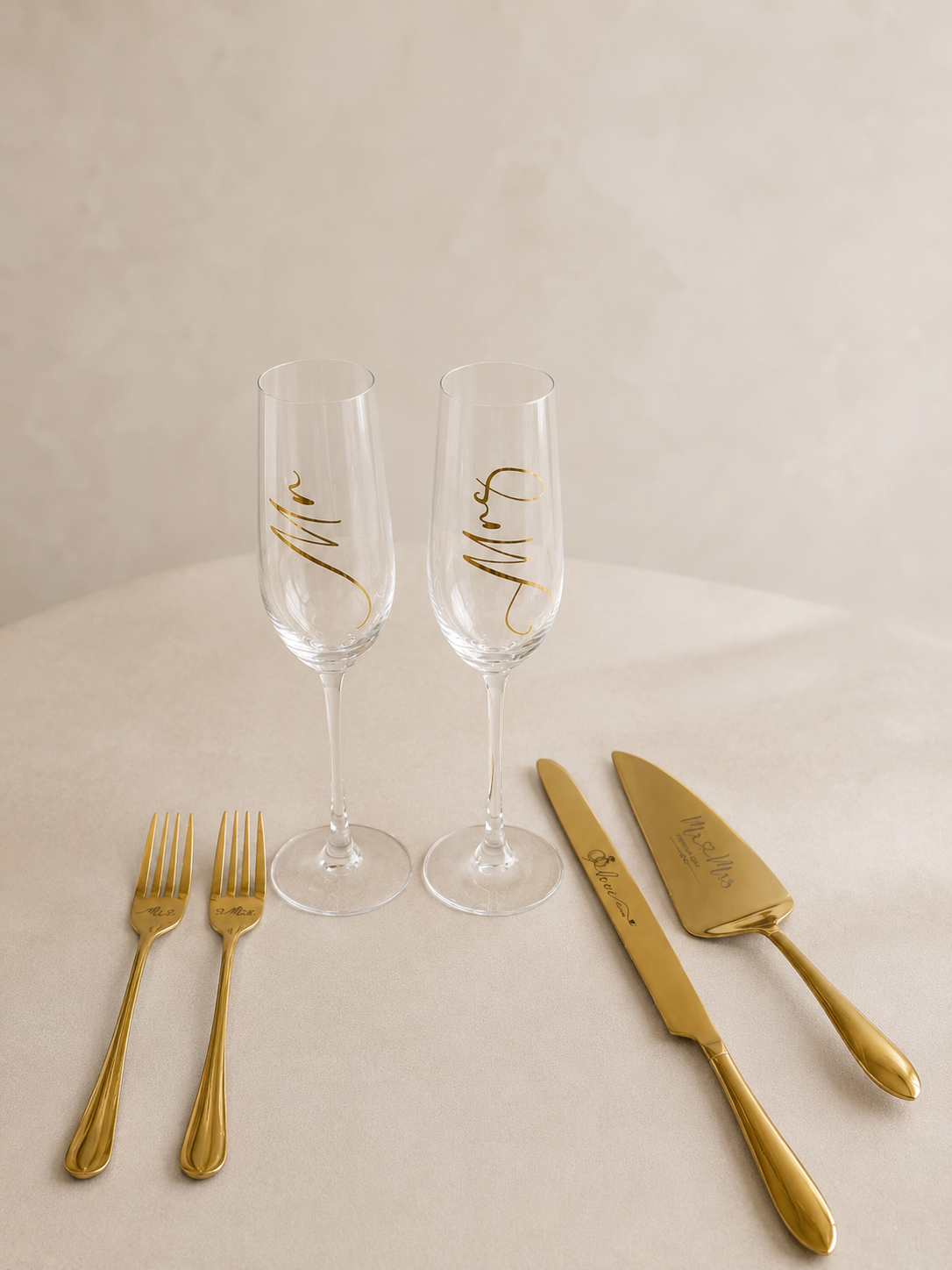 Gold Wedding Cake Knife and Server Set, Mr and Mrs Champagne Flutes & Forks - $10 