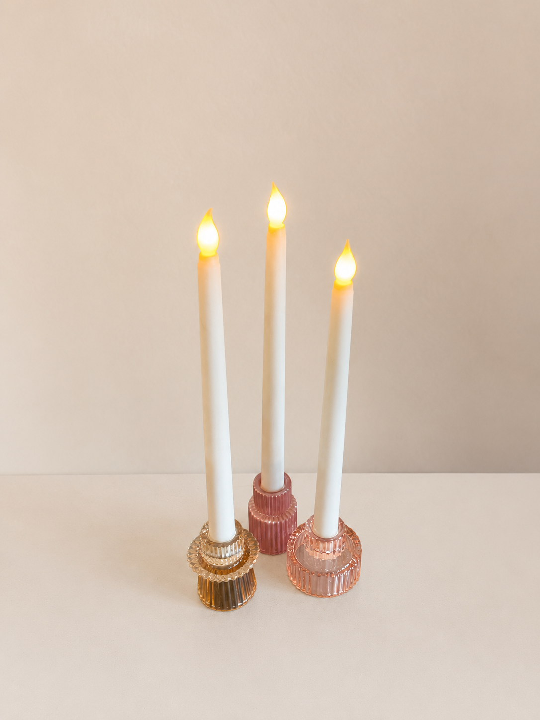 Ribbed Glass Taper Candle Holders with LED Taper Candle. Set of 3 - $5