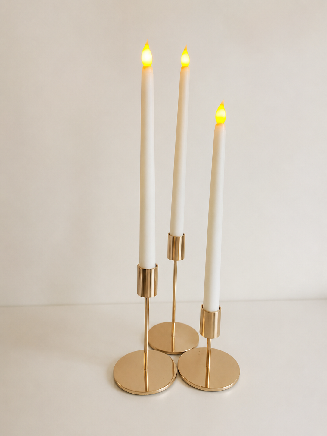 Gold Taper Candle Holders with LED Taper Candle. Set of 3 - $7