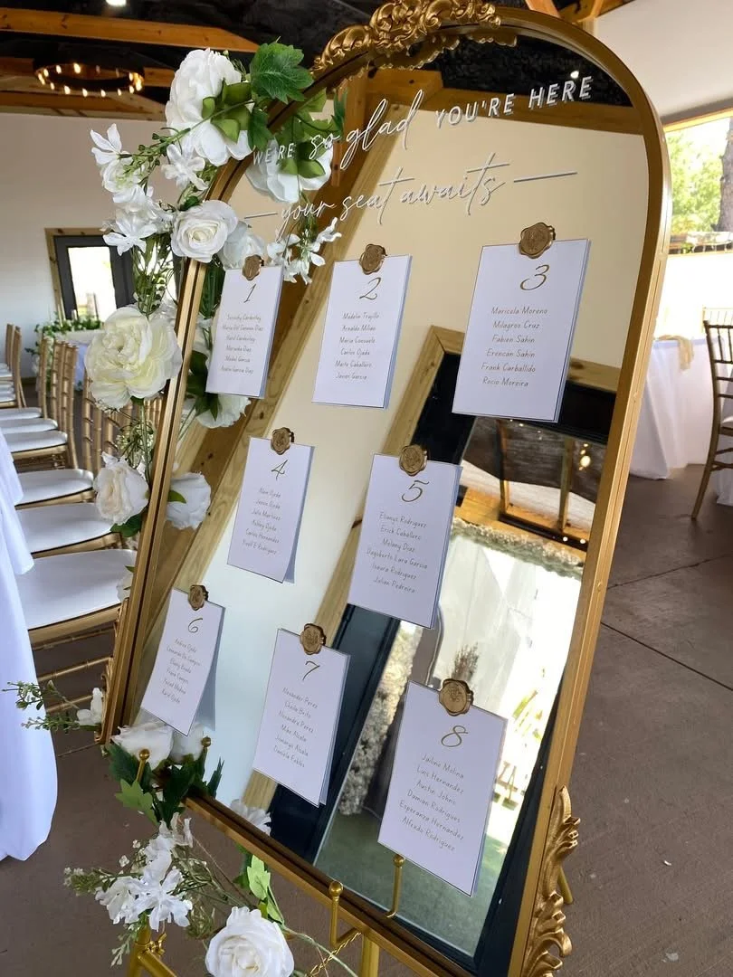 Seating Chart Mirror. Includes Easel Stand and floral accents - $60