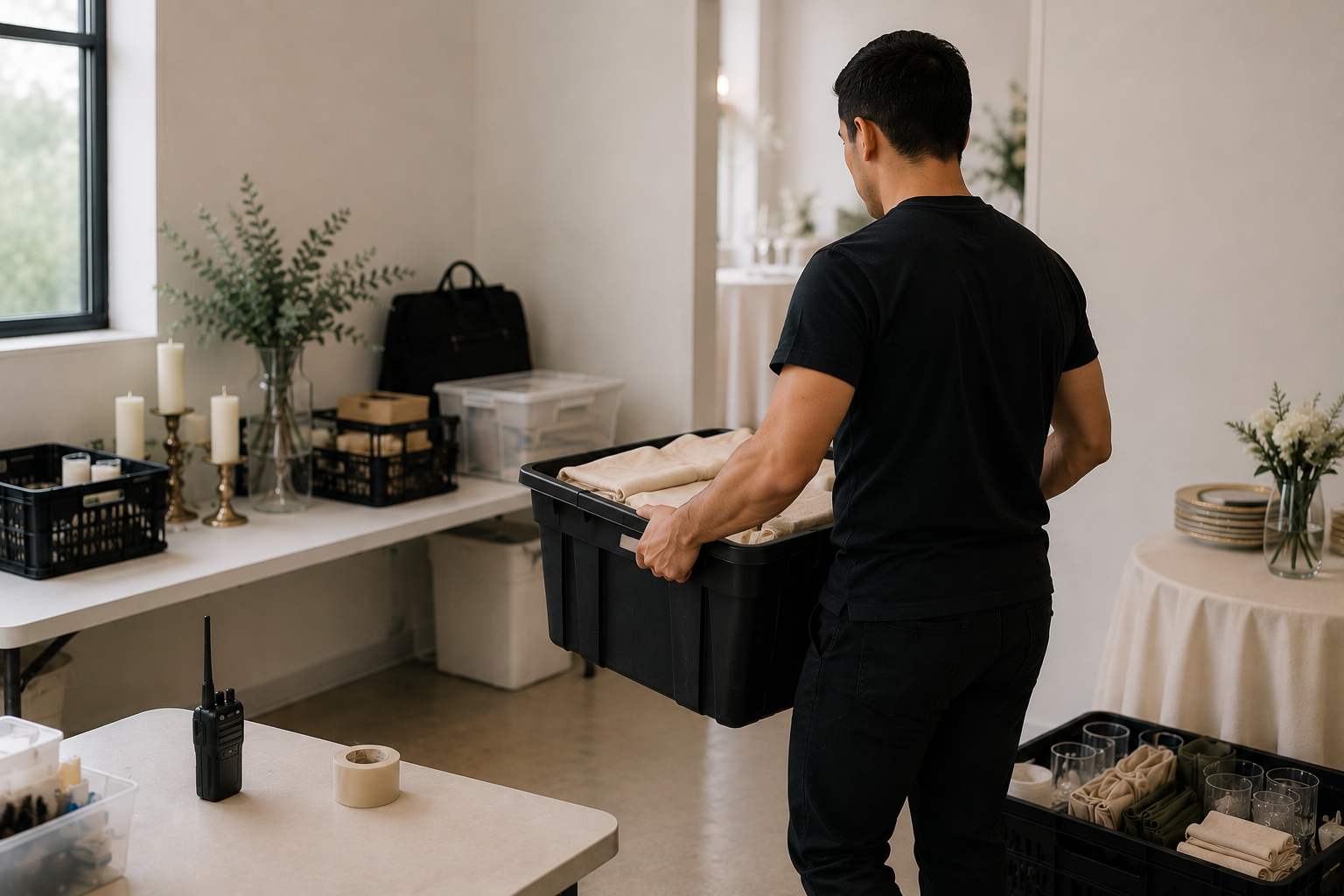 A man in black clothes carrying a large black plastic storage bin with folded cloth inside, in a room with tables containing candles, vases, and plates, possibly preparing for an event.