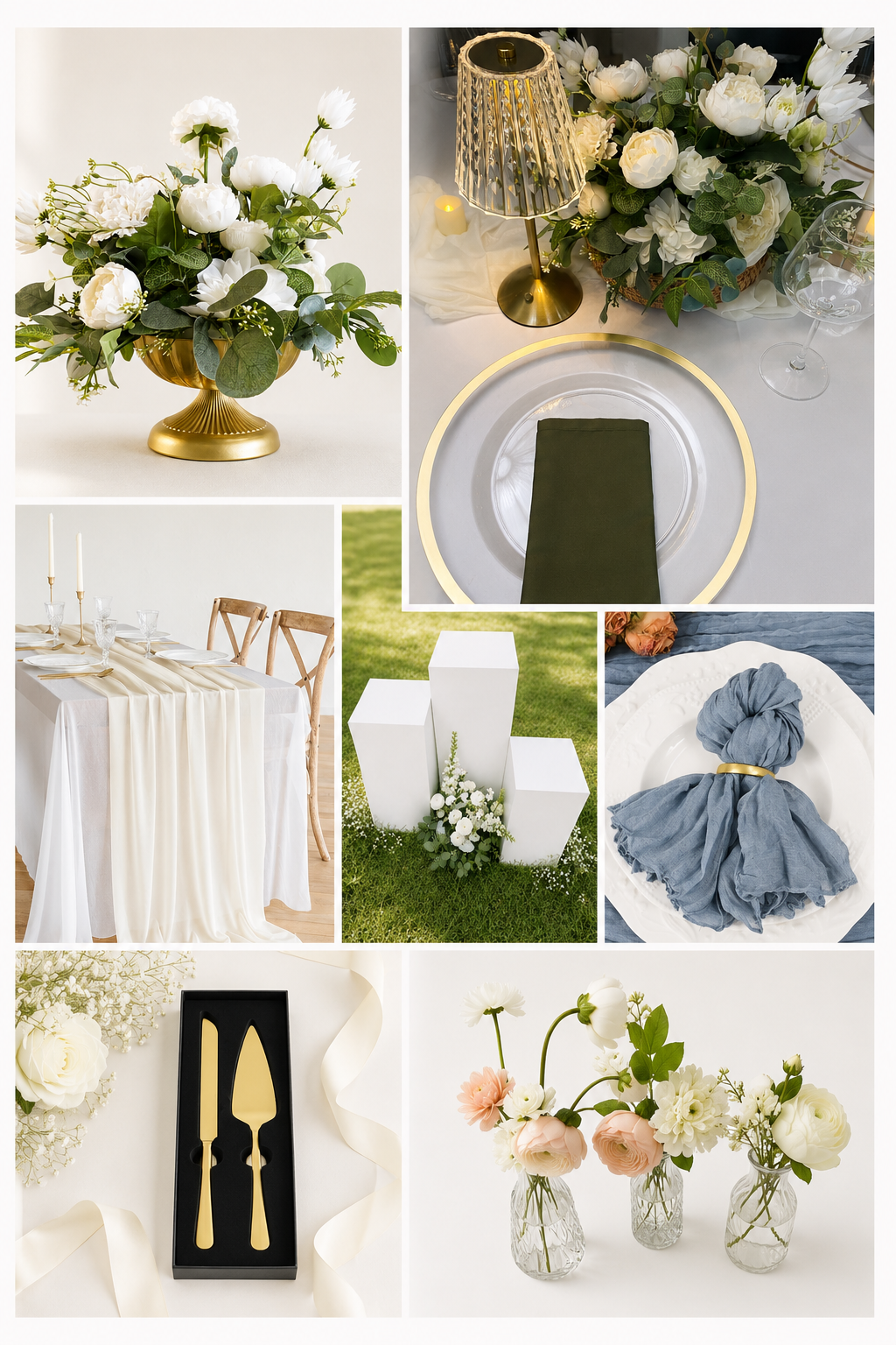 Elegant table decor with white and blush flowers, gold accents, candles, and navy blue napkins, perfect for a sophisticated event.
