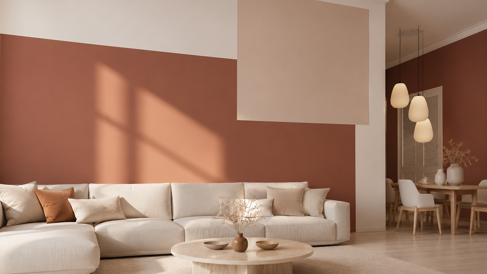 Modern living room with a white sectional sofa, beige throw pillows, a round wooden coffee table with vases and dried flowers, and a two-tone wall with shadows cast by window panes. In the background, there is a dining area with a table, white chairs, a large vase with dried plants, and hanging pendant lights.