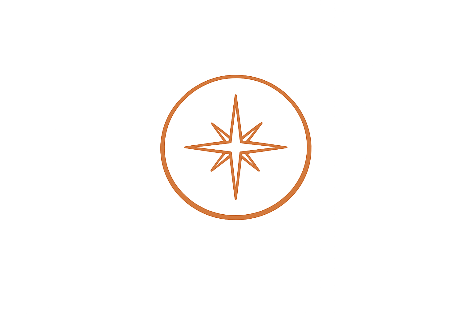 A logo of a black circle with a copper-colored compass rose inside, used for navigation or travel branding.