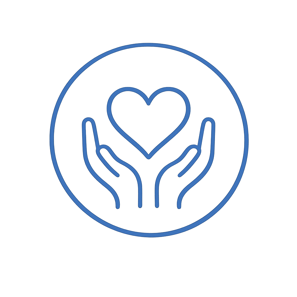Line drawing of two hands gently holding a heart within a circular outline.