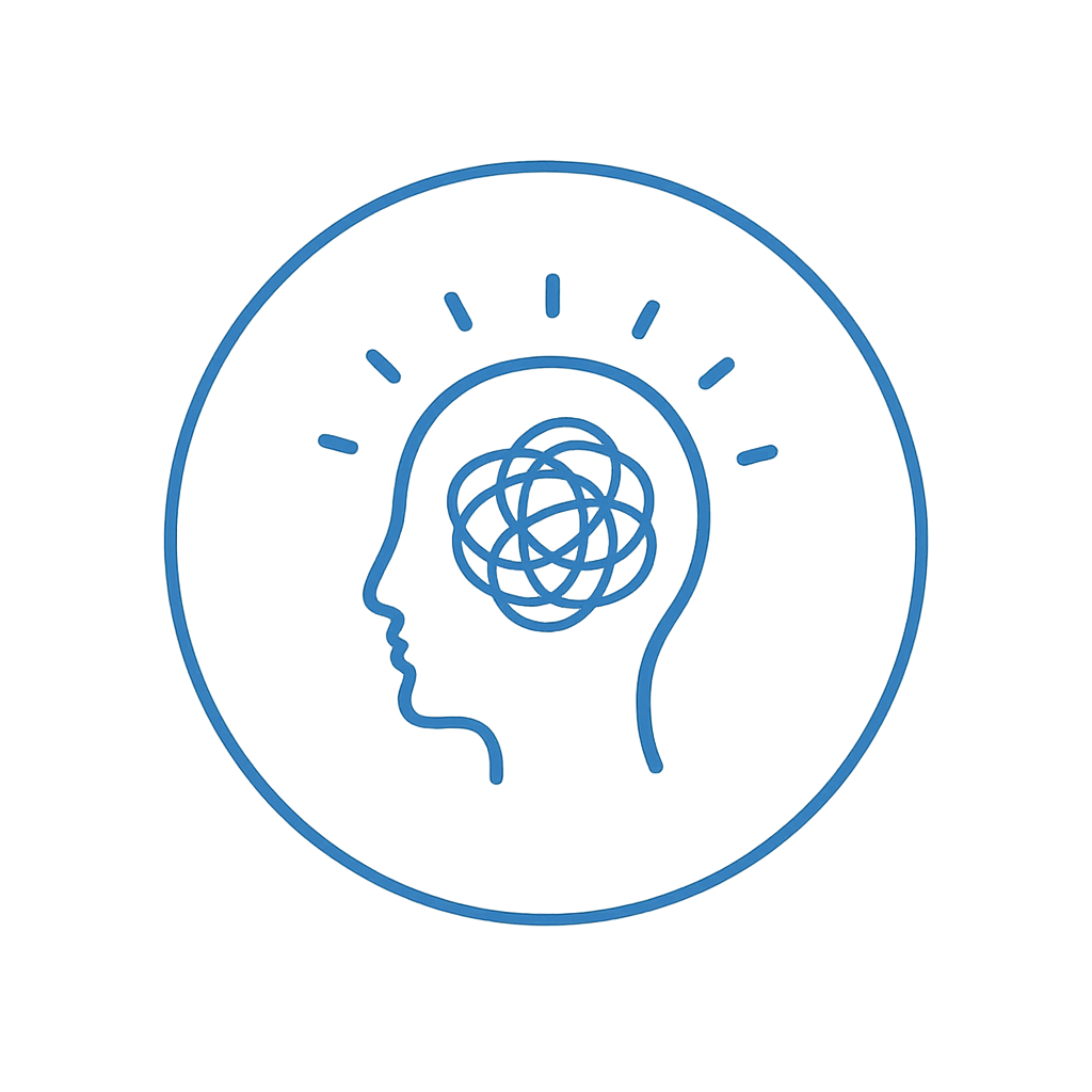 Outline of a human head with a tangled scribble inside representing a chaotic thought or mental stress, and radiating lines outside indicating stress or pressure.